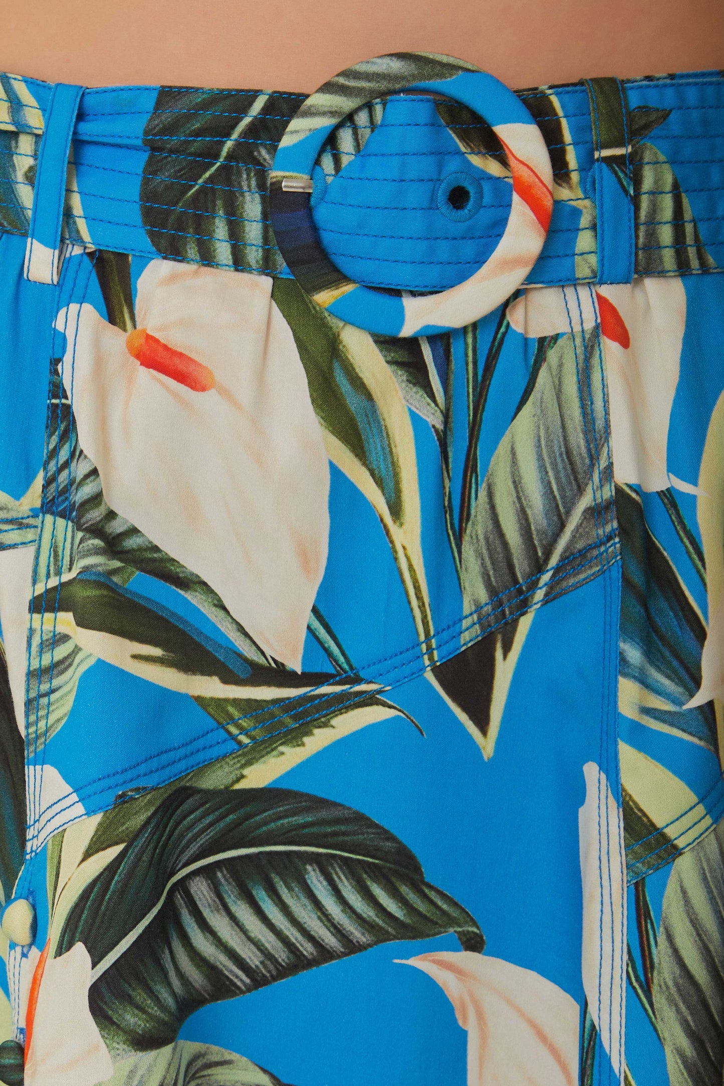 FARM Rio model wearing the Anthurium Garden Blue Asymmetric Midi Skirt