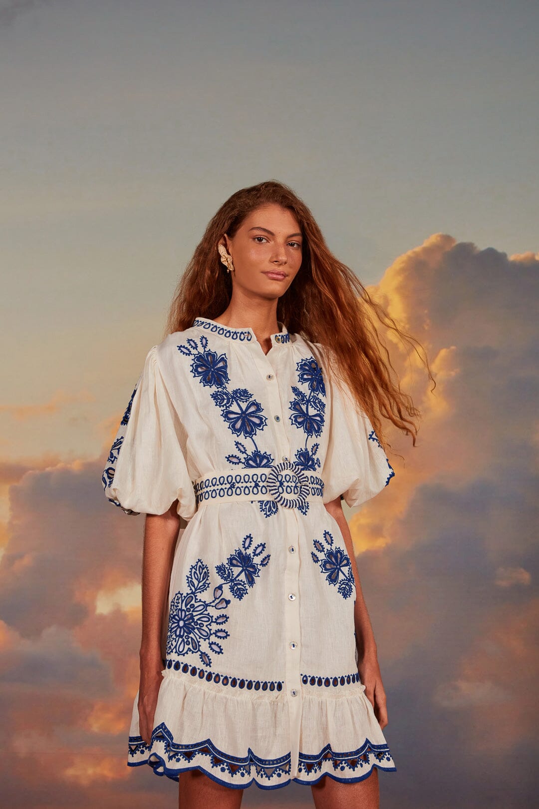 FARM Rio model wearing the White Richelieu Short Sleeve Mini Dress
