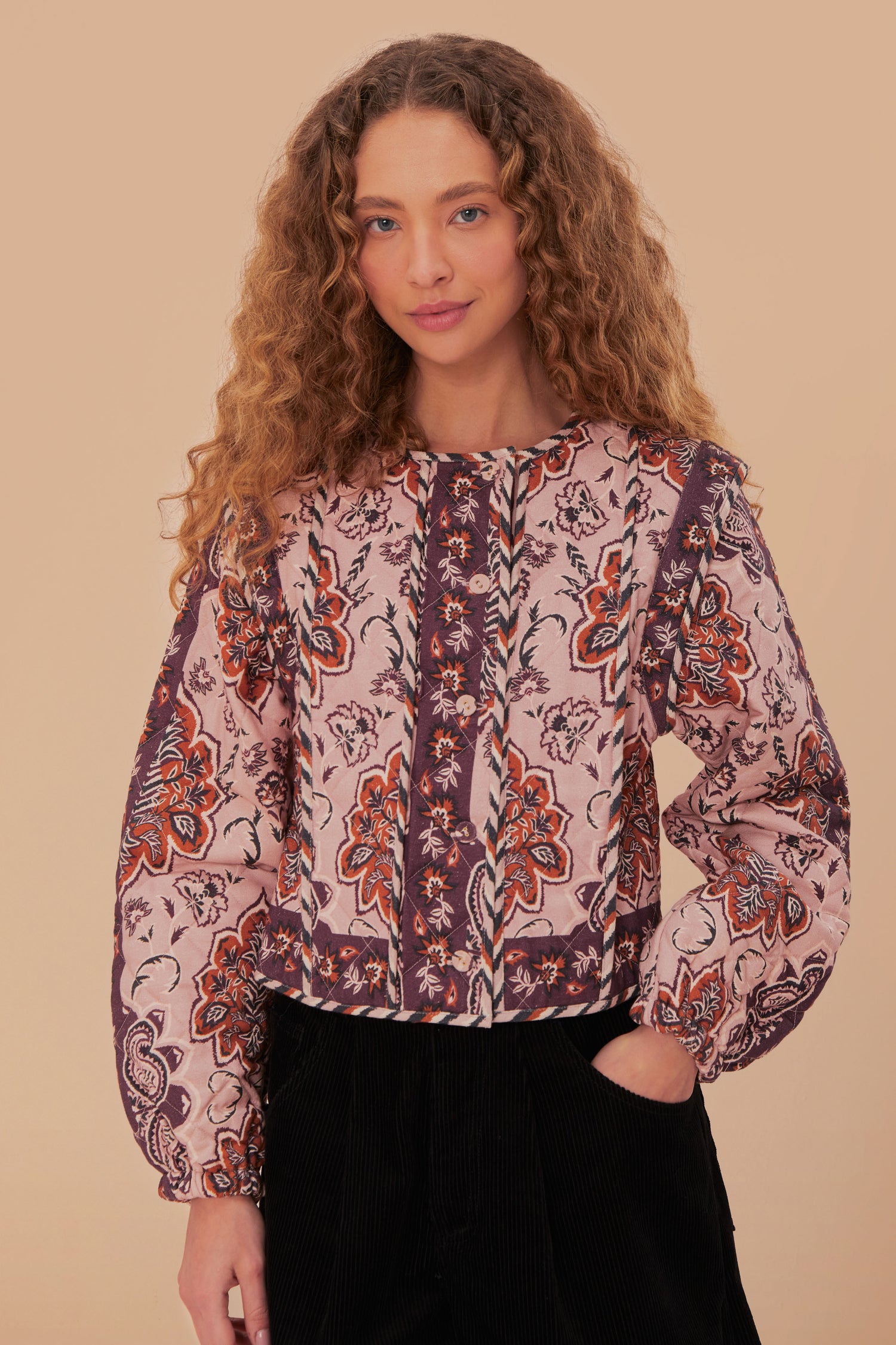 FARM Rio model wearing the Glam Tapestry Burgundy Long Sleeve Jacket