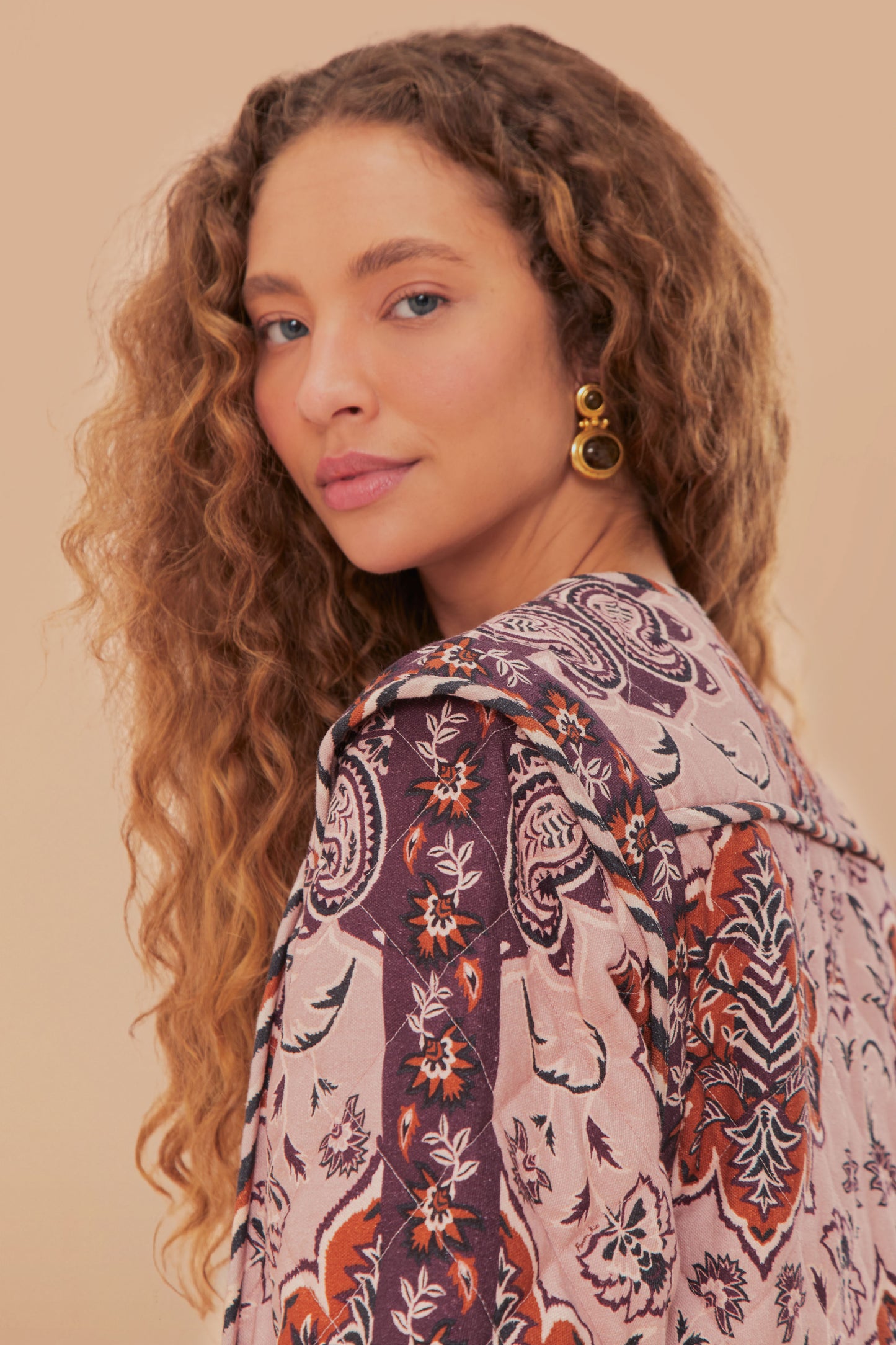 FARM Rio model wearing the Glam Tapestry Burgundy Long Sleeve Jacket