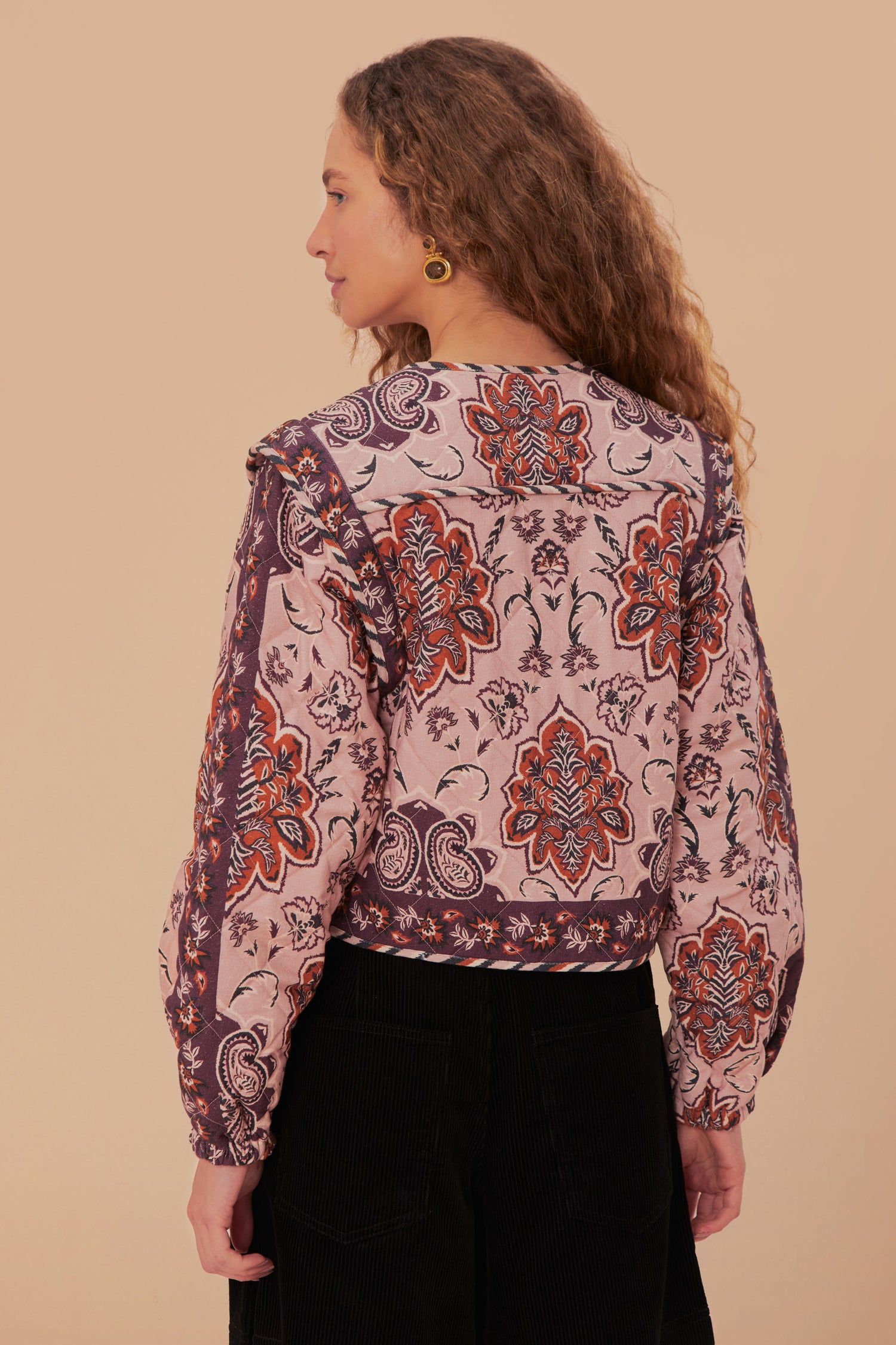 FARM Rio model wearing the Glam Tapestry Burgundy Long Sleeve Jacket