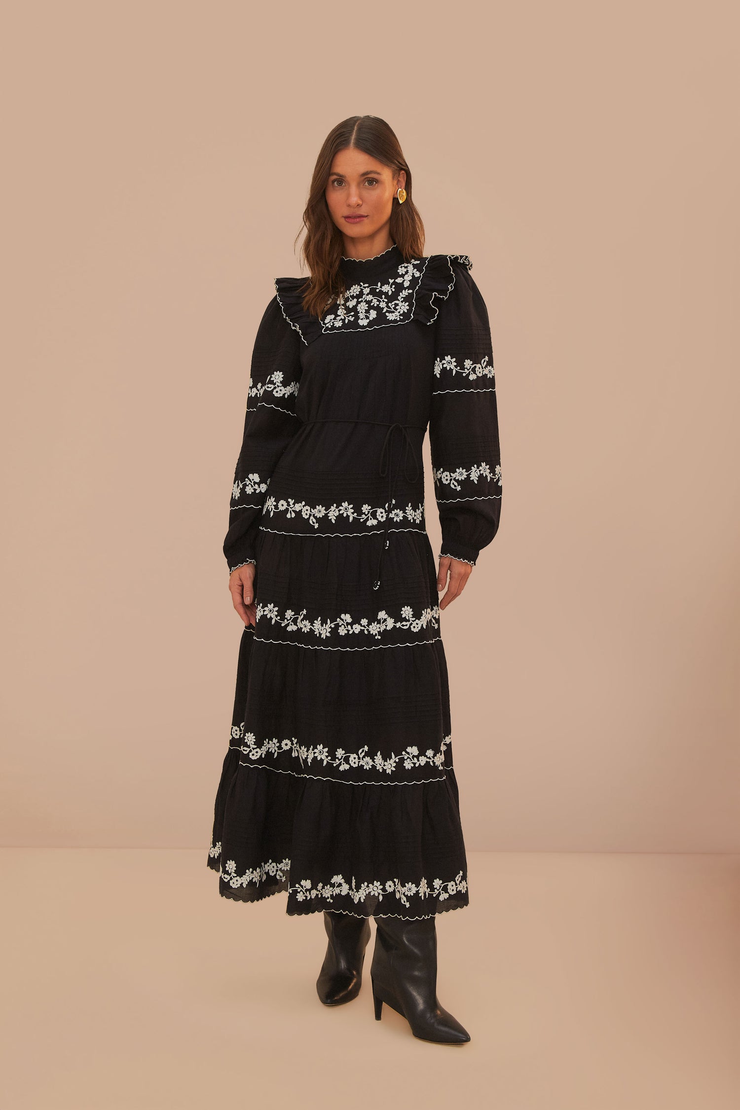 FARM Rio model wearing the Black And White Embroidered Long Sleeve Maxi Dress