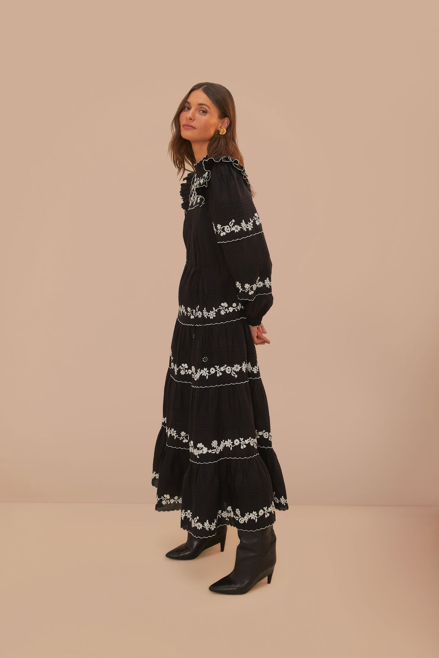 FARM Rio model wearing the Black And White Embroidered Long Sleeve Maxi Dress