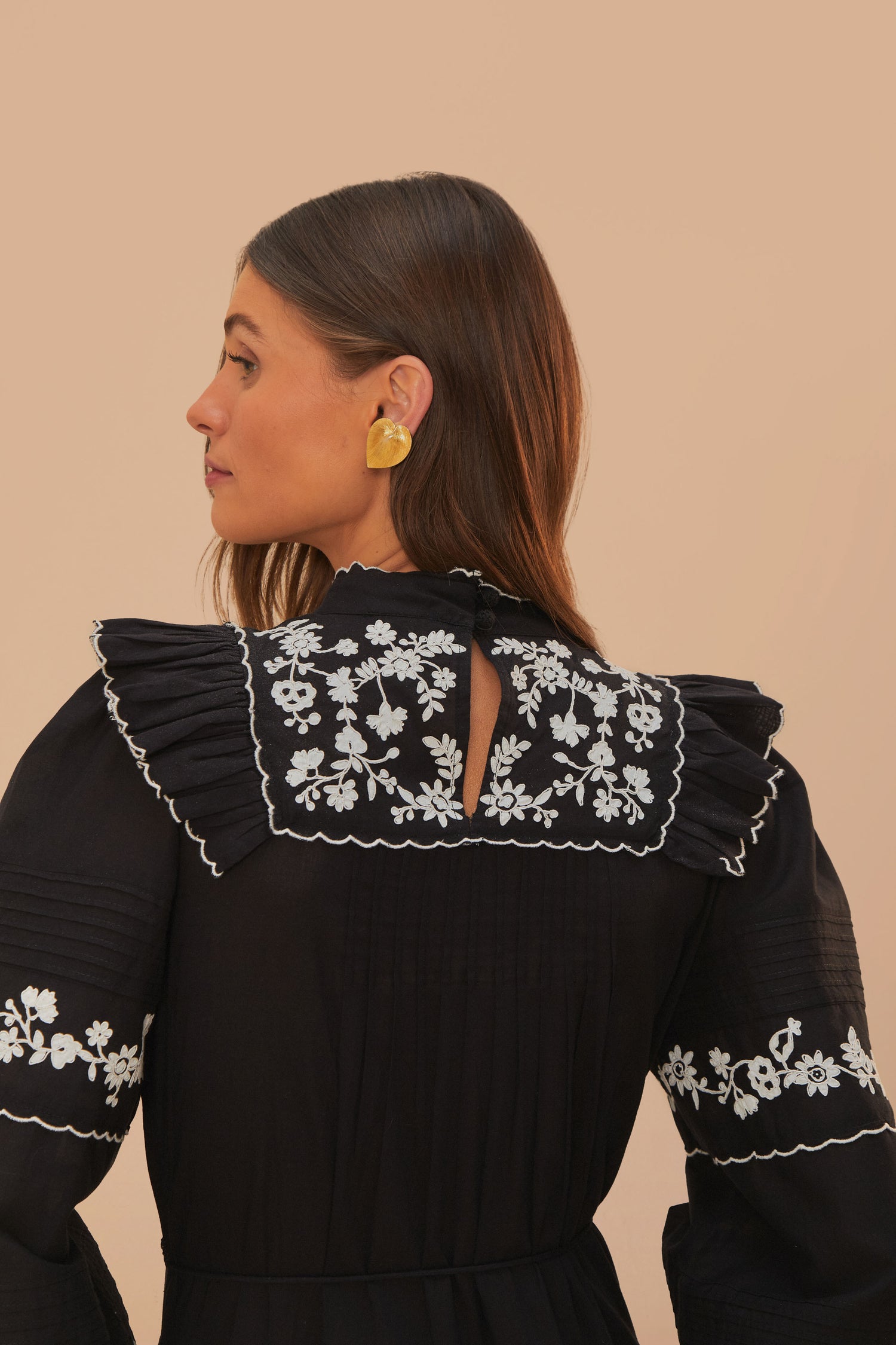 FARM Rio model wearing the Black And White Embroidered Long Sleeve Maxi Dress