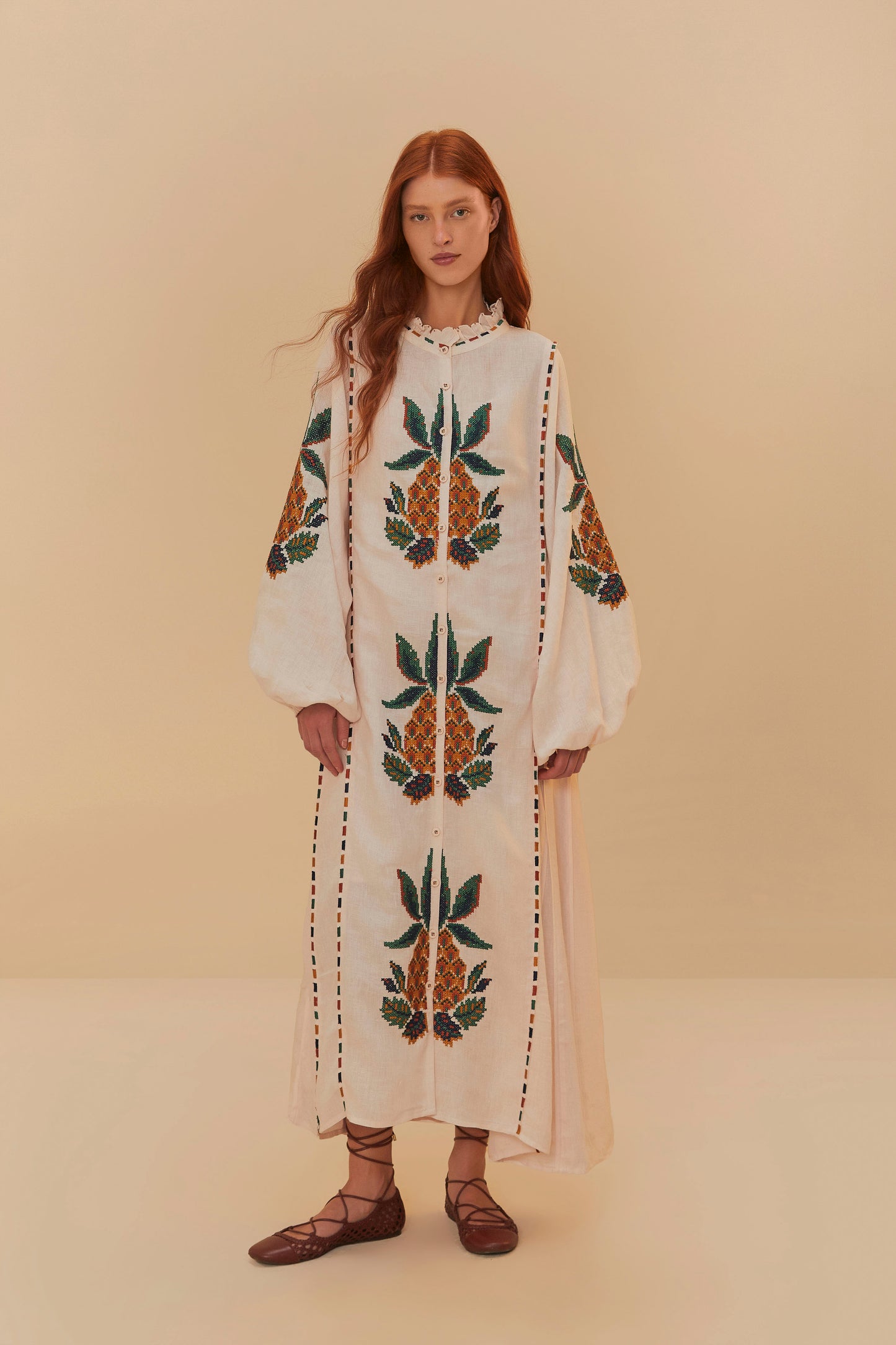 Cross Stitch Pineapple Light Pink Sleeve Midi Dress