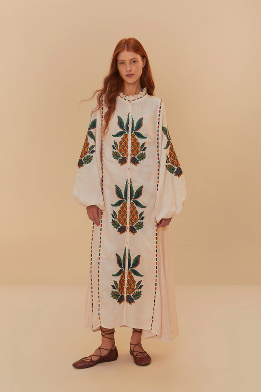 Cross Stitch Pineapple Light Pink Sleeve Midi Dress