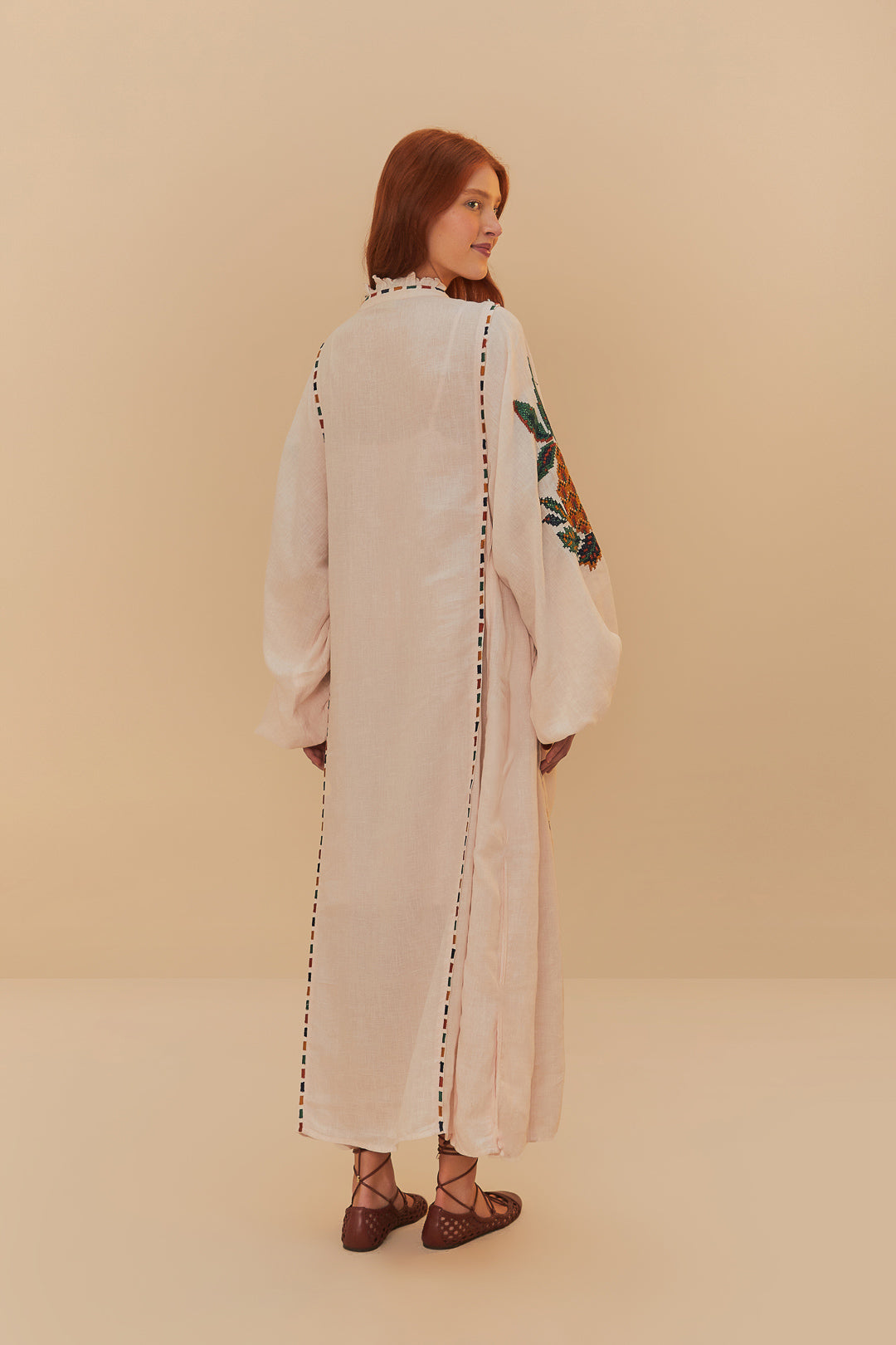 Cross Stitch Pineapple Light Pink Sleeve Midi Dress