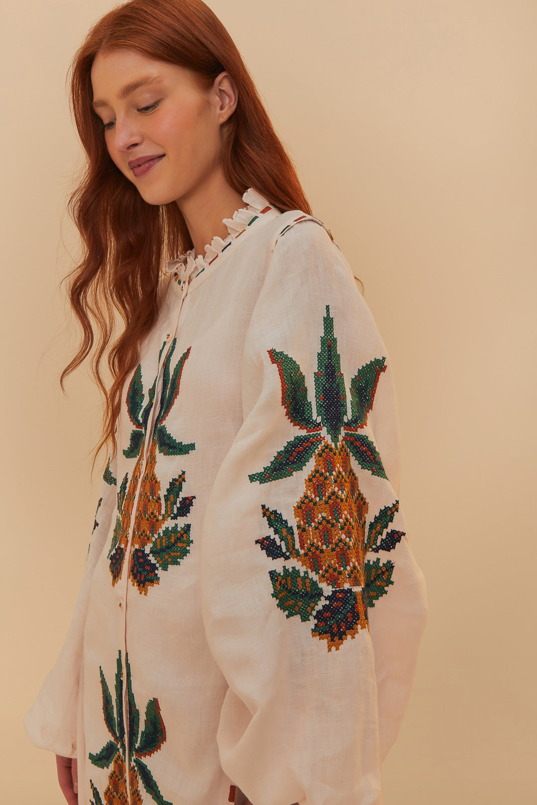 Cross Stitch Pineapple Light Pink Sleeve Midi Dress