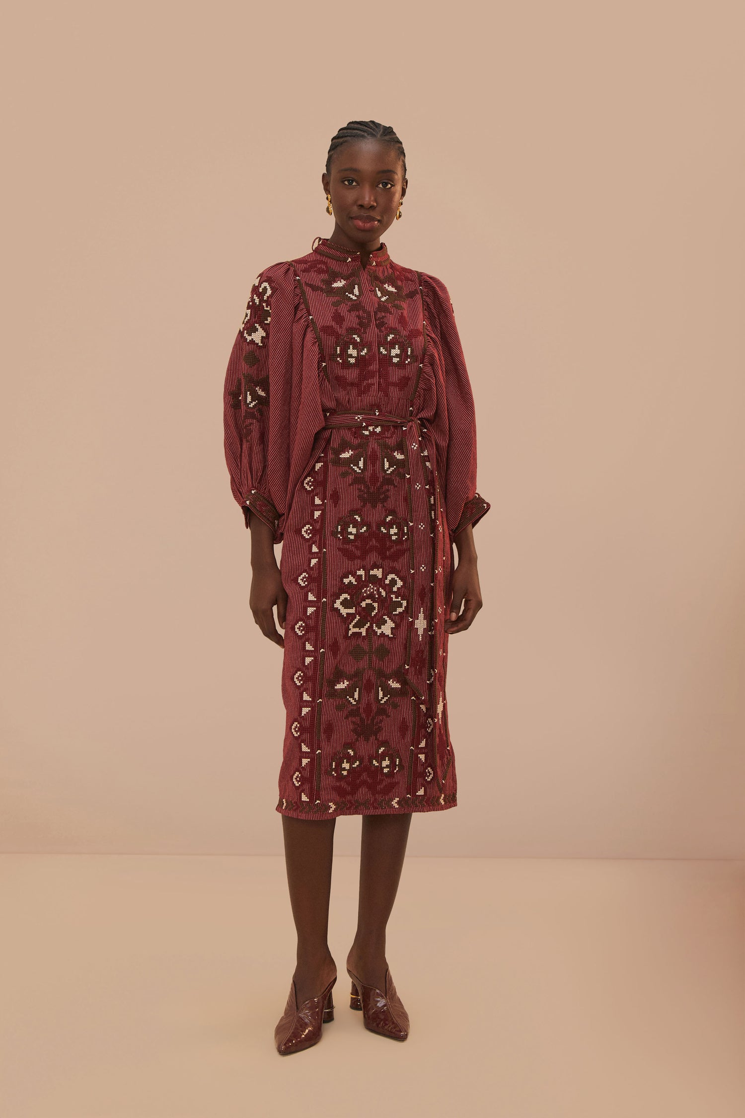 FARM Rio model wearing the Toucans Scarf Cross Stitch Embroidered Midi Dress