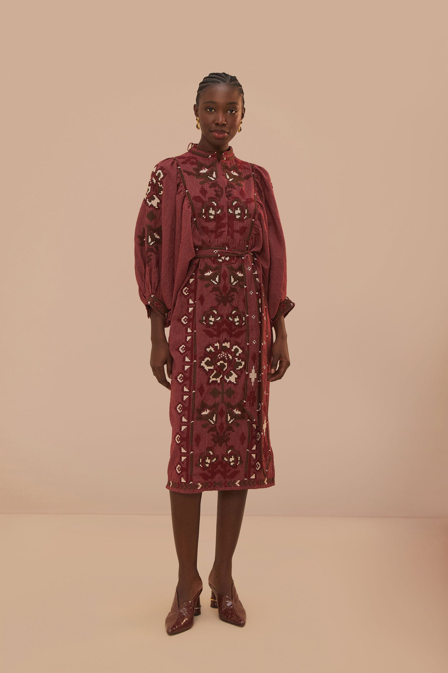 FARM Rio model wearing the Toucans Scarf Cross Stitch Embroidered Midi Dress