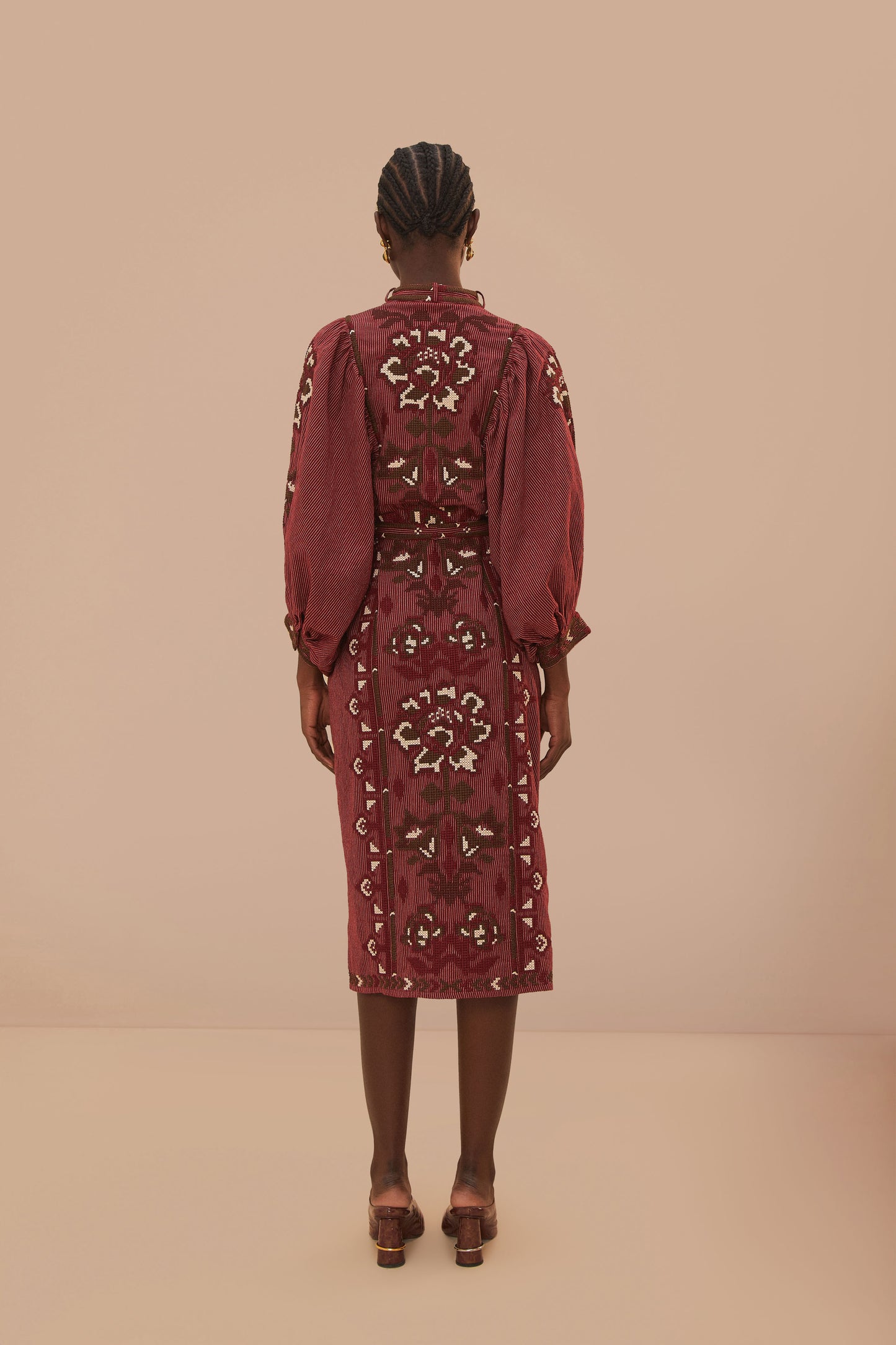FARM Rio model wearing the Toucans Scarf Cross Stitch Embroidered Midi Dress