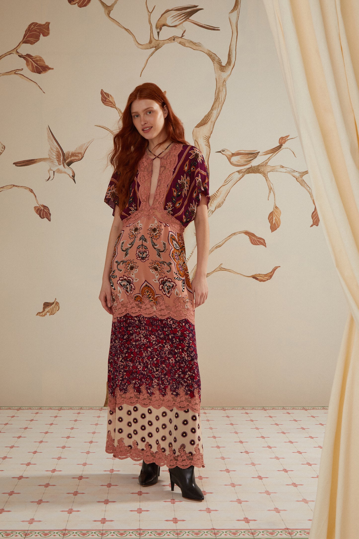 FARM Rio model wearing the Glam Tapestry Burgundy Laces Short Sleeve Maxi Dress
