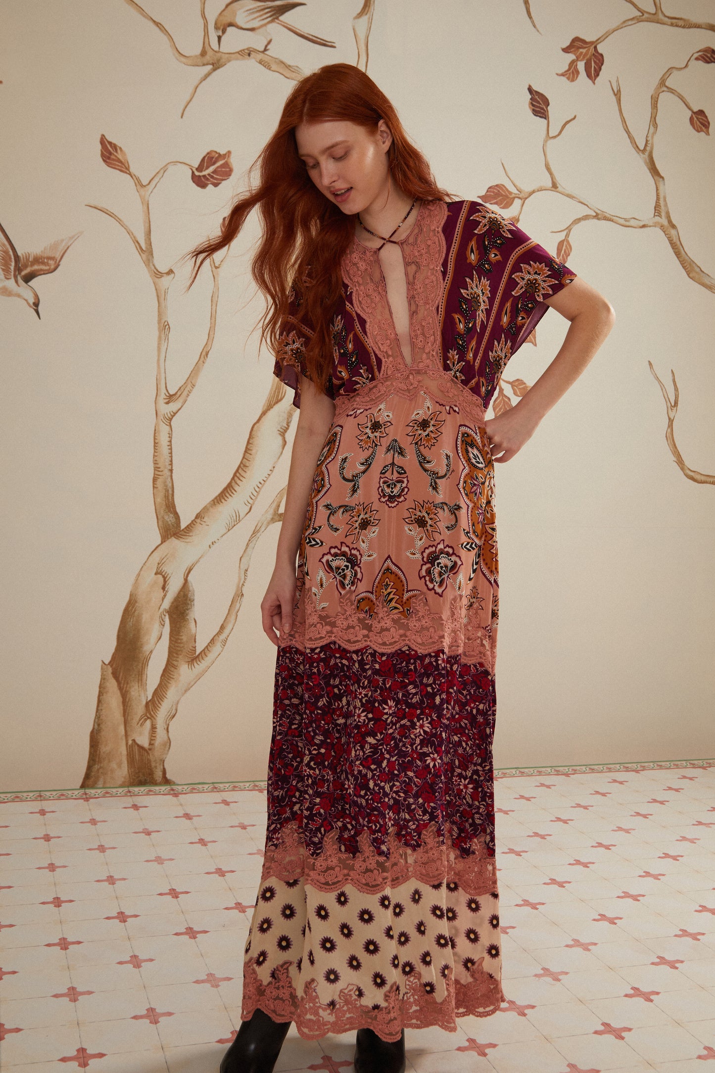 FARM Rio model wearing the Glam Tapestry Burgundy Laces Short Sleeve Maxi Dress