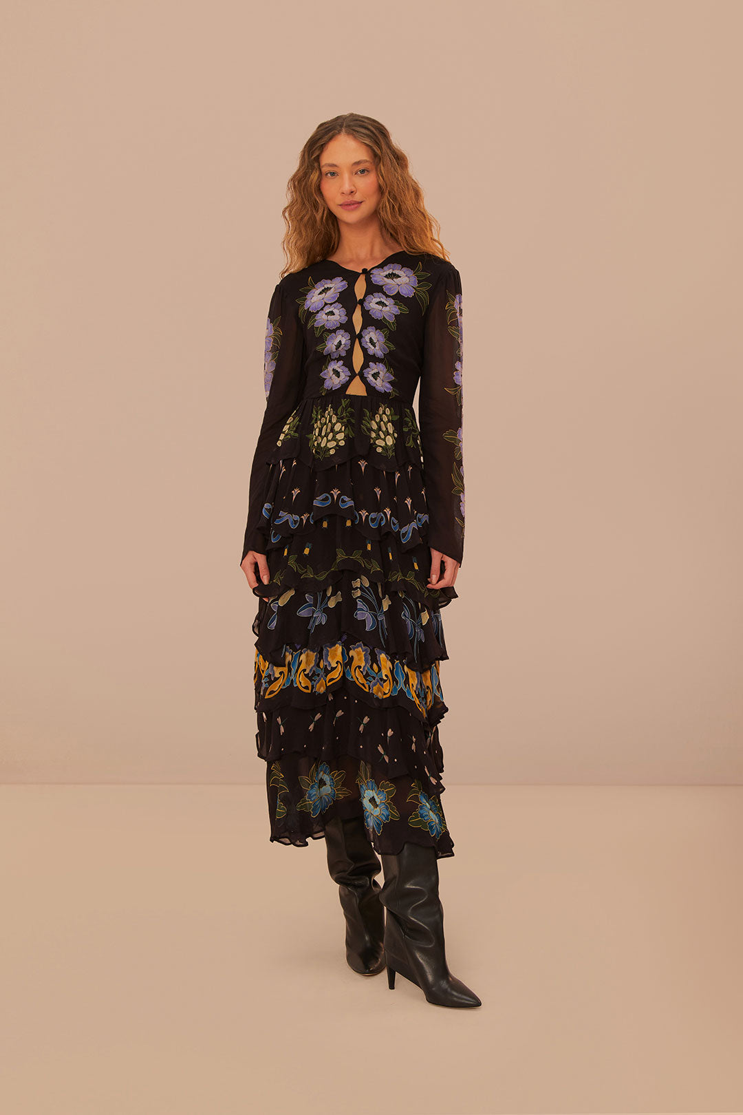 FARM Rio model wearing the Winter Garden Black Long Sleeve Ruffled Maxi Dress