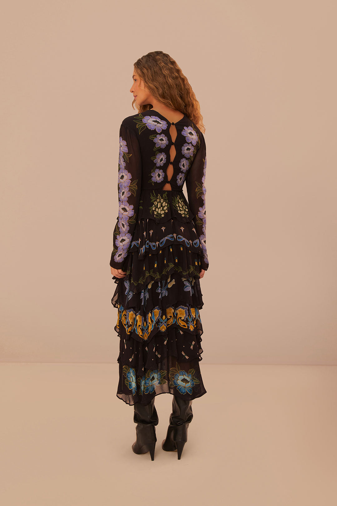 FARM Rio model wearing the Winter Garden Black Long Sleeve Ruffled Maxi Dress