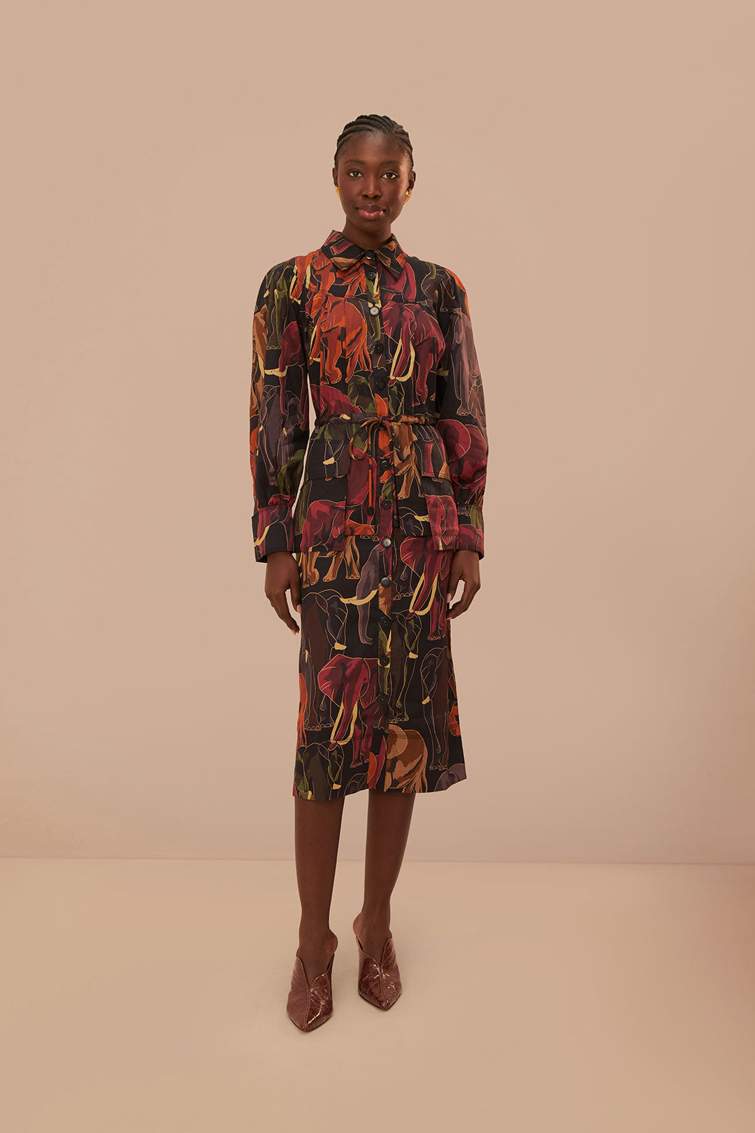 FARM Rio model wearing the Elephants Brown Long Sleeve Midi Dress