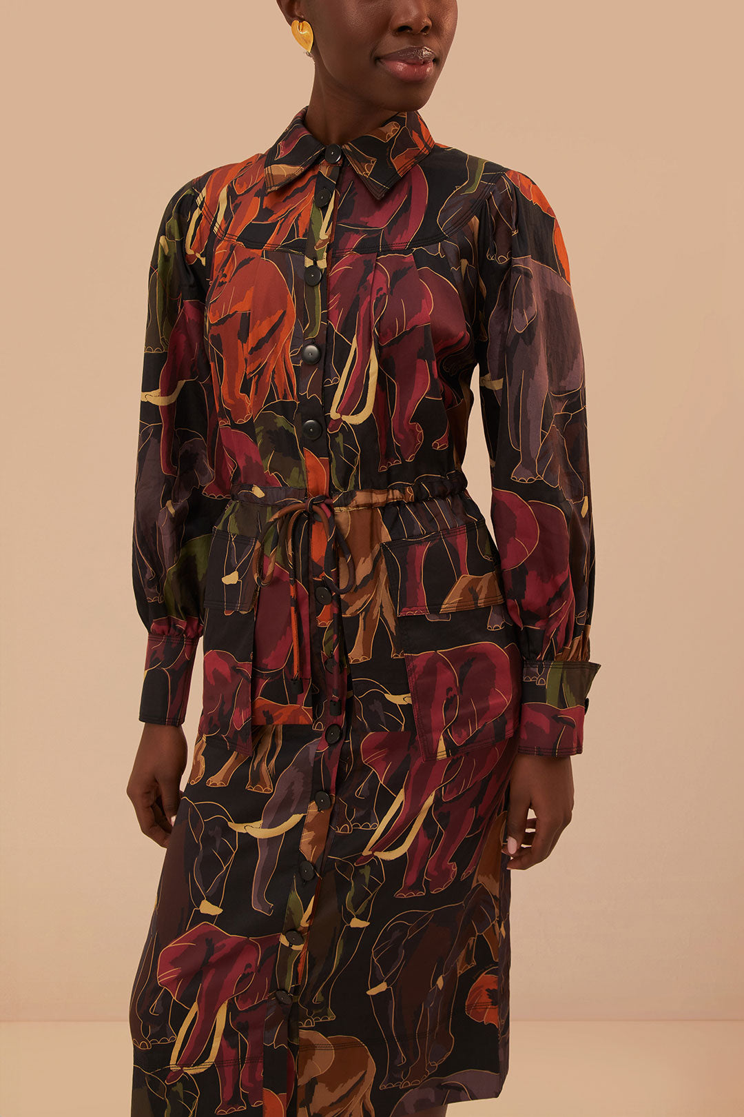FARM Rio model wearing the Elephants Brown Long Sleeve Midi Dress