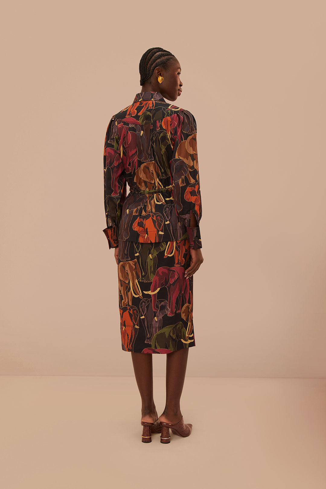 FARM Rio model wearing the Elephants Brown Long Sleeve Midi Dress