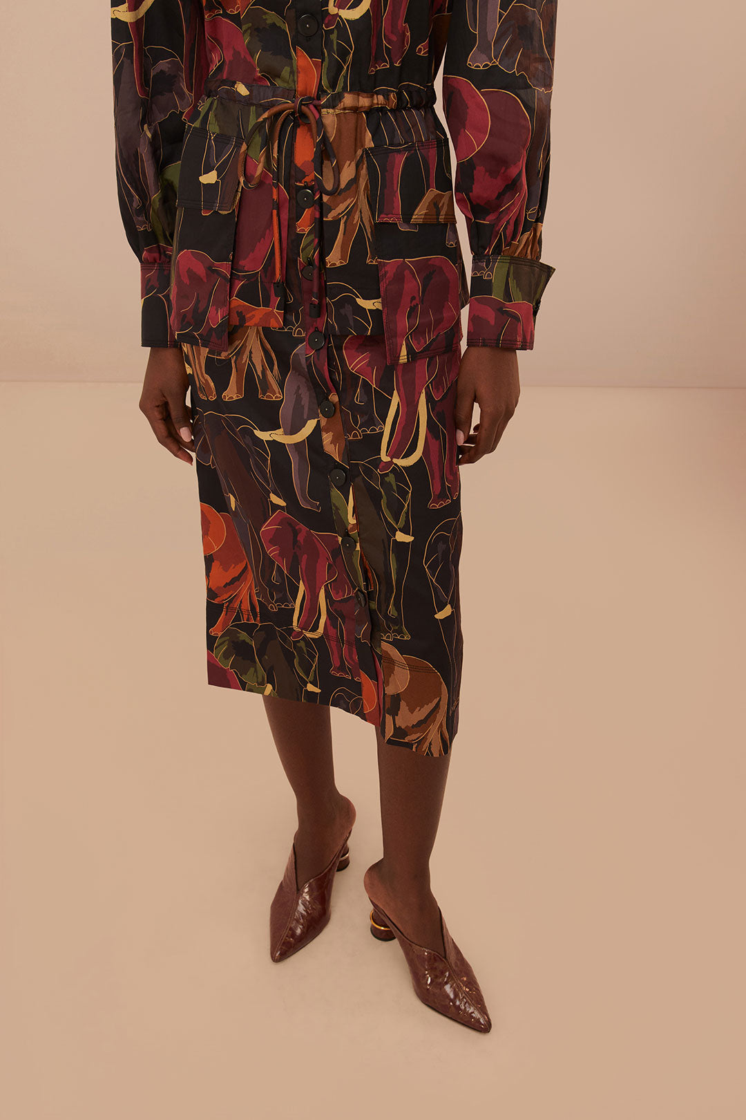 FARM Rio model wearing the Elephants Brown Long Sleeve Midi Dress