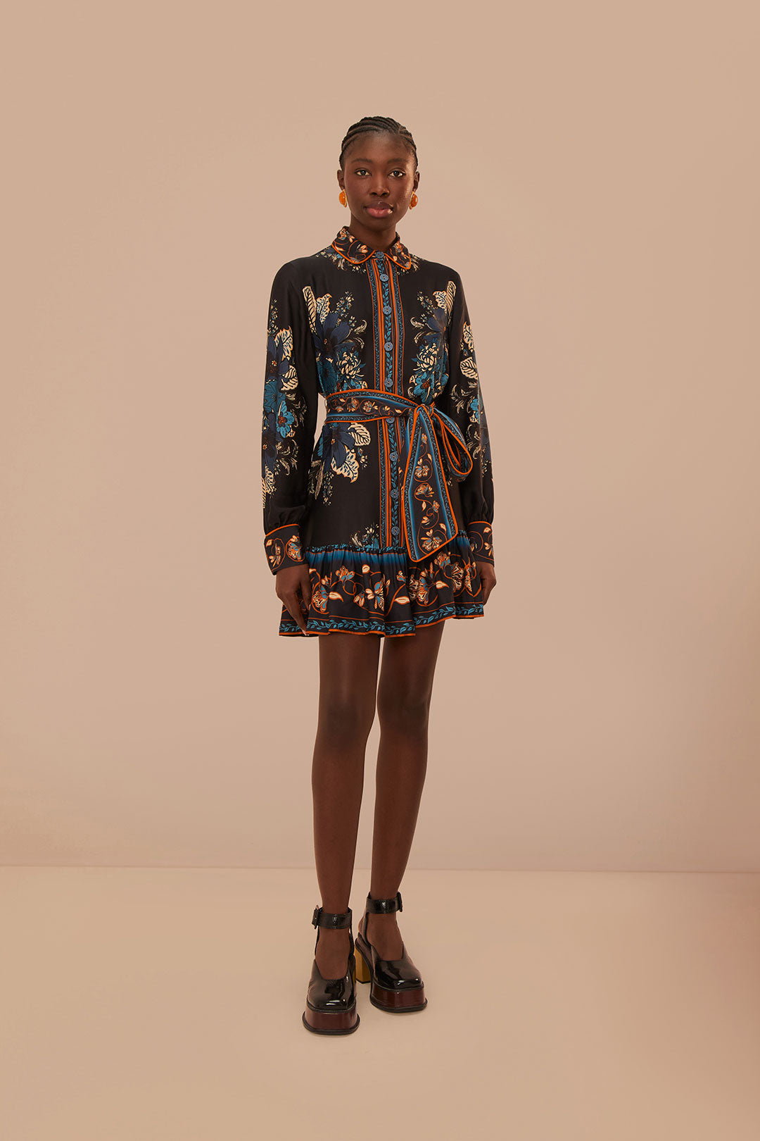 FARM Rio model wearing the Blossom Tapestry Black Long Sleeves Mini Dress