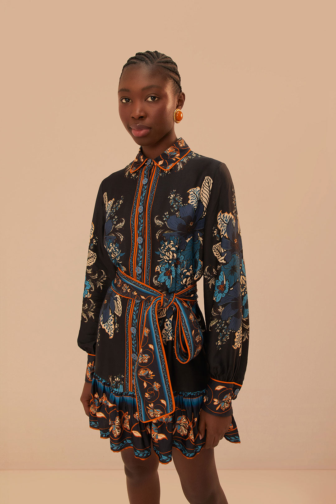 FARM Rio model wearing the Blossom Tapestry Black Long Sleeves Mini Dress