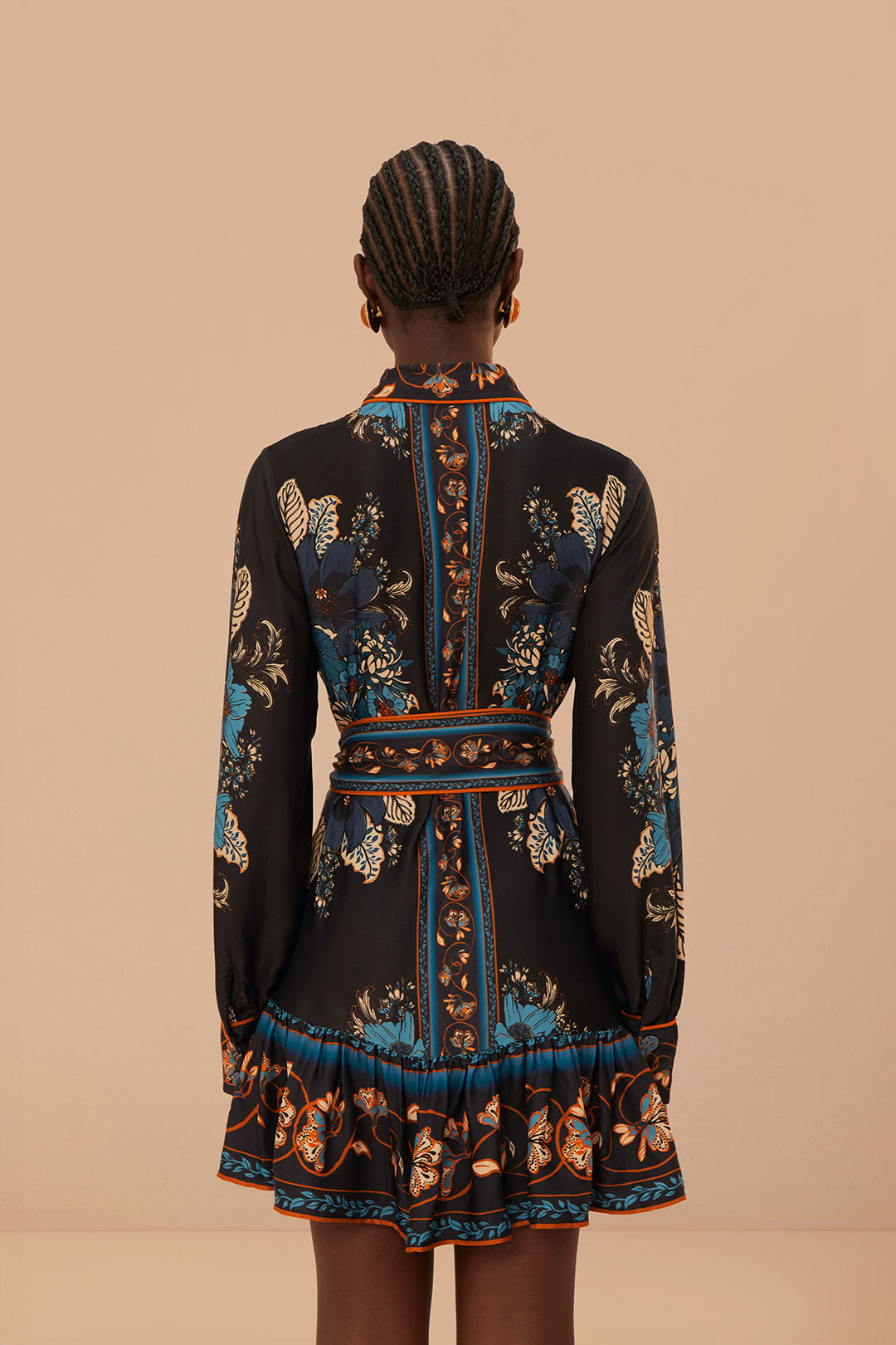 FARM Rio model wearing the Blossom Tapestry Black Long Sleeves Mini Dress