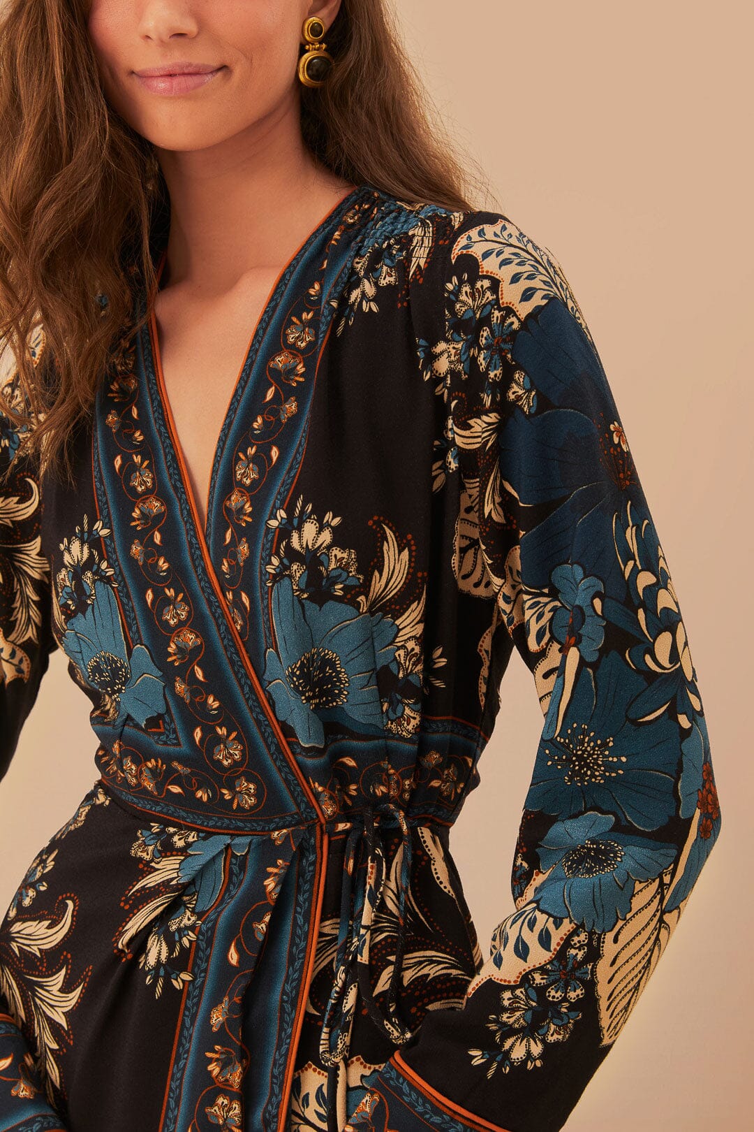 Blossom Tapestry Black Midi Wrap Dress