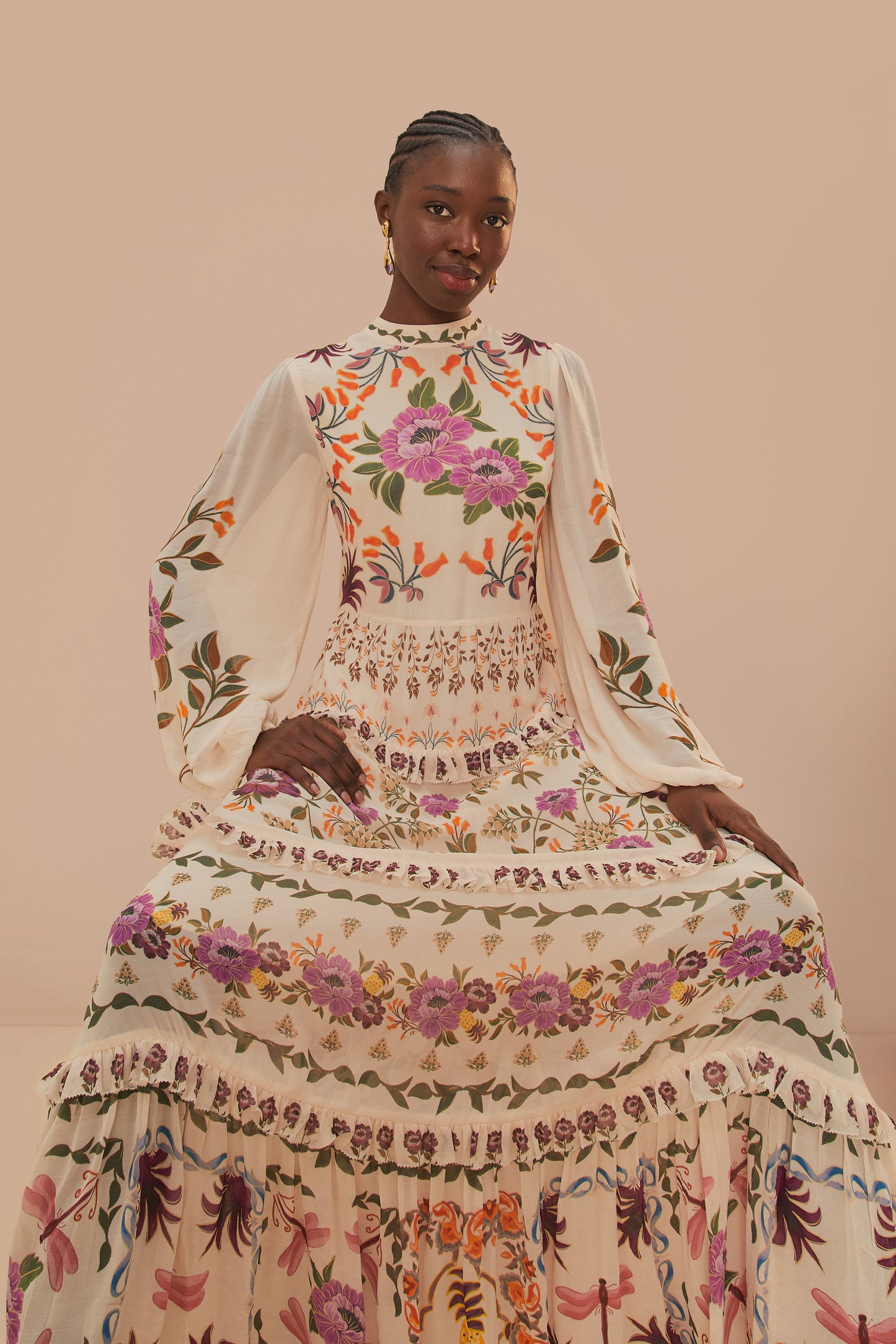 FARM Rio model wearing the Cream Winter Garden Ruffle Maxi Dress