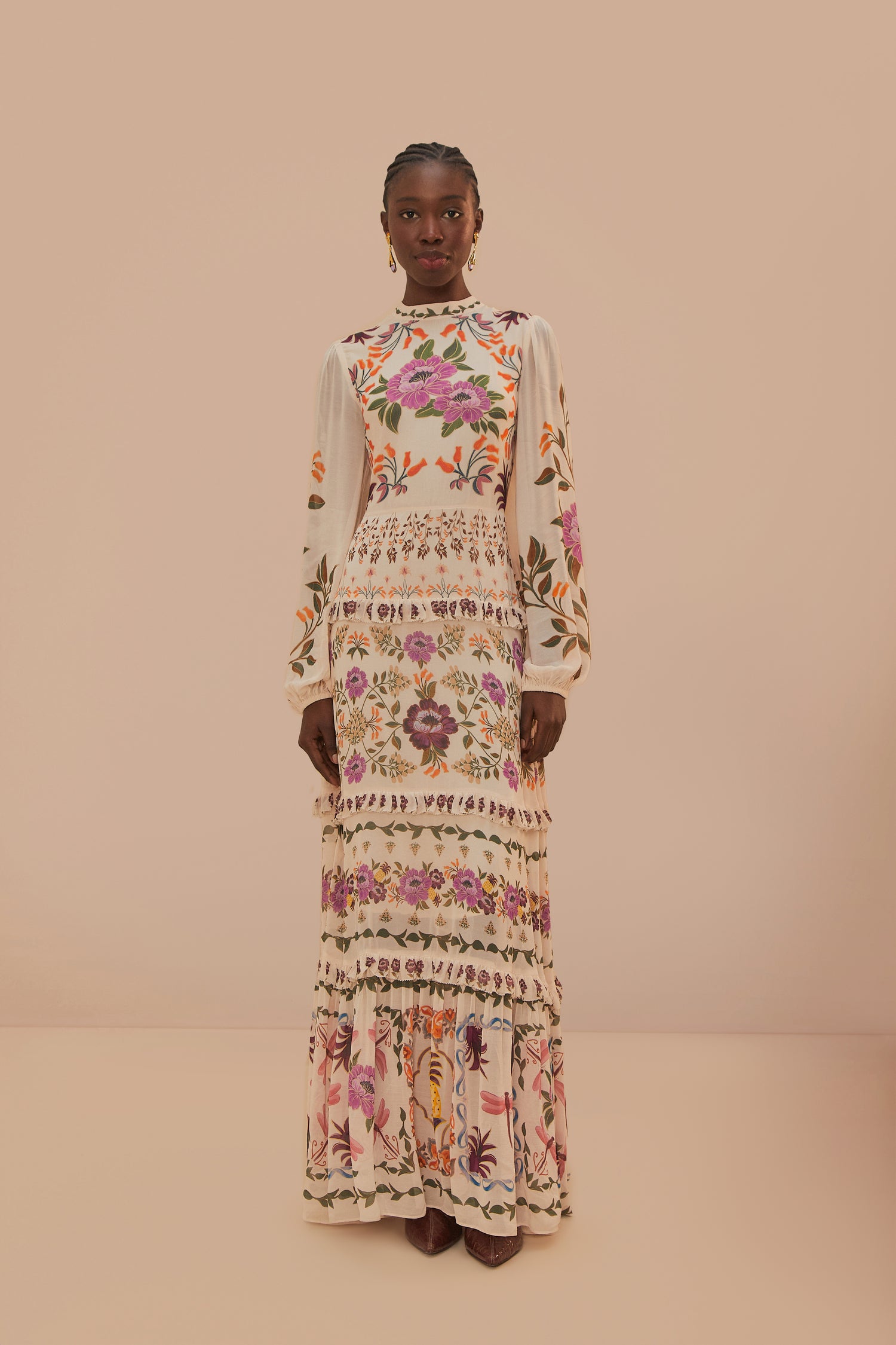 FARM Rio model wearing the Cream Winter Garden Ruffle Maxi Dress