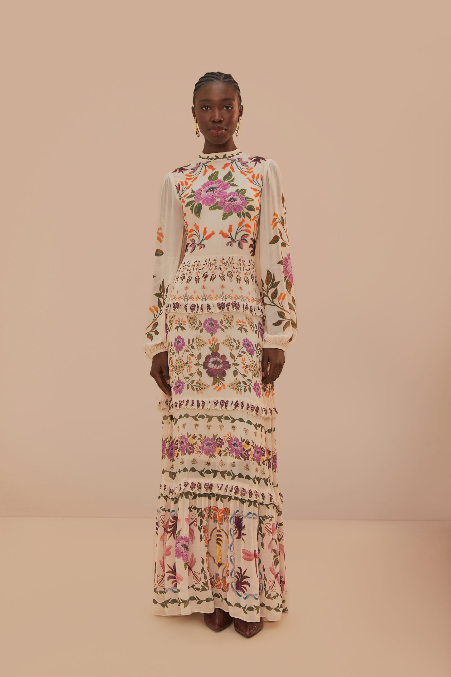 FARM Rio model wearing the Cream Winter Garden Ruffle Maxi Dress