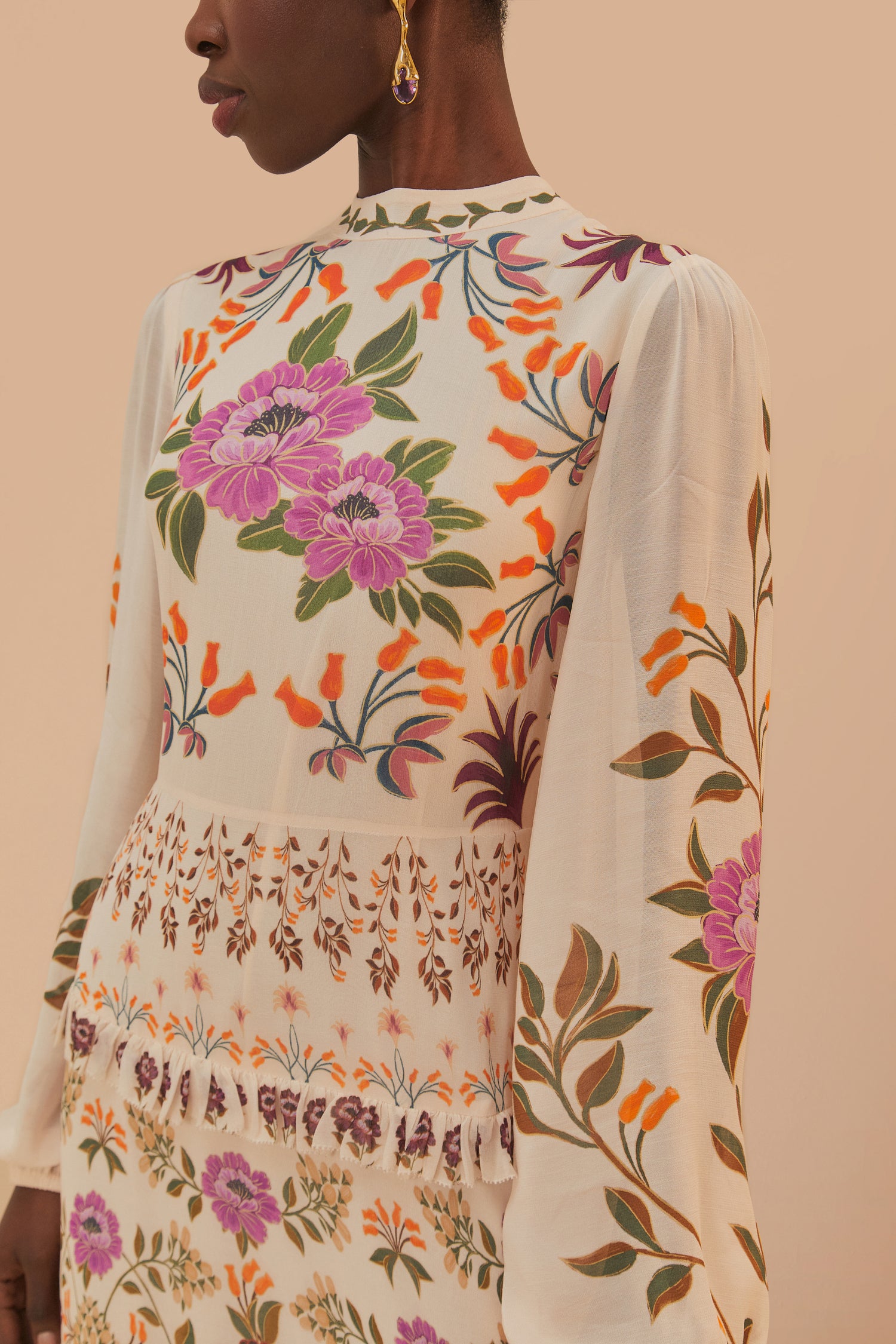 FARM Rio model wearing the Cream Winter Garden Ruffle Maxi Dress