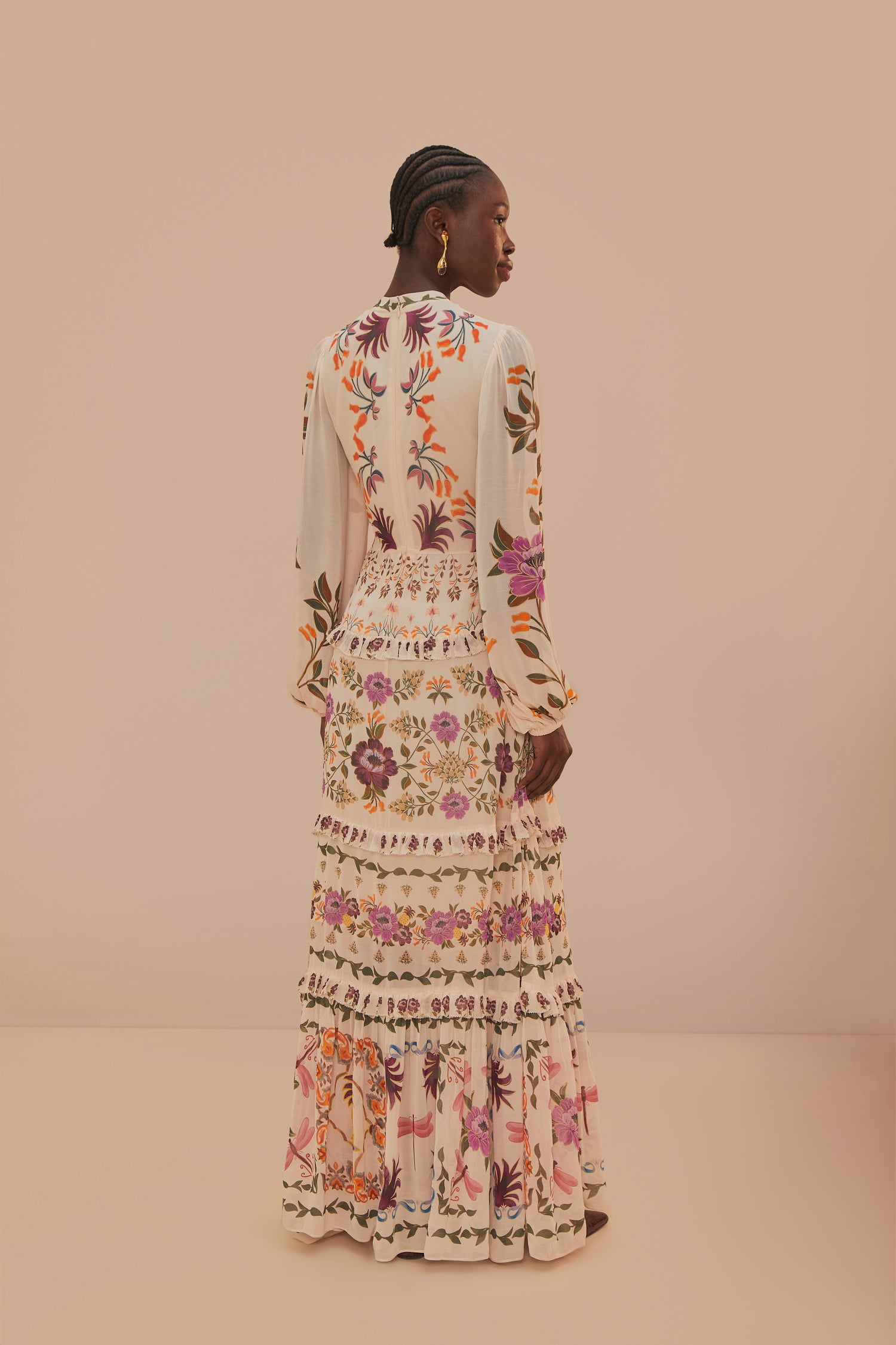 FARM Rio model wearing the Cream Winter Garden Ruffle Maxi Dress