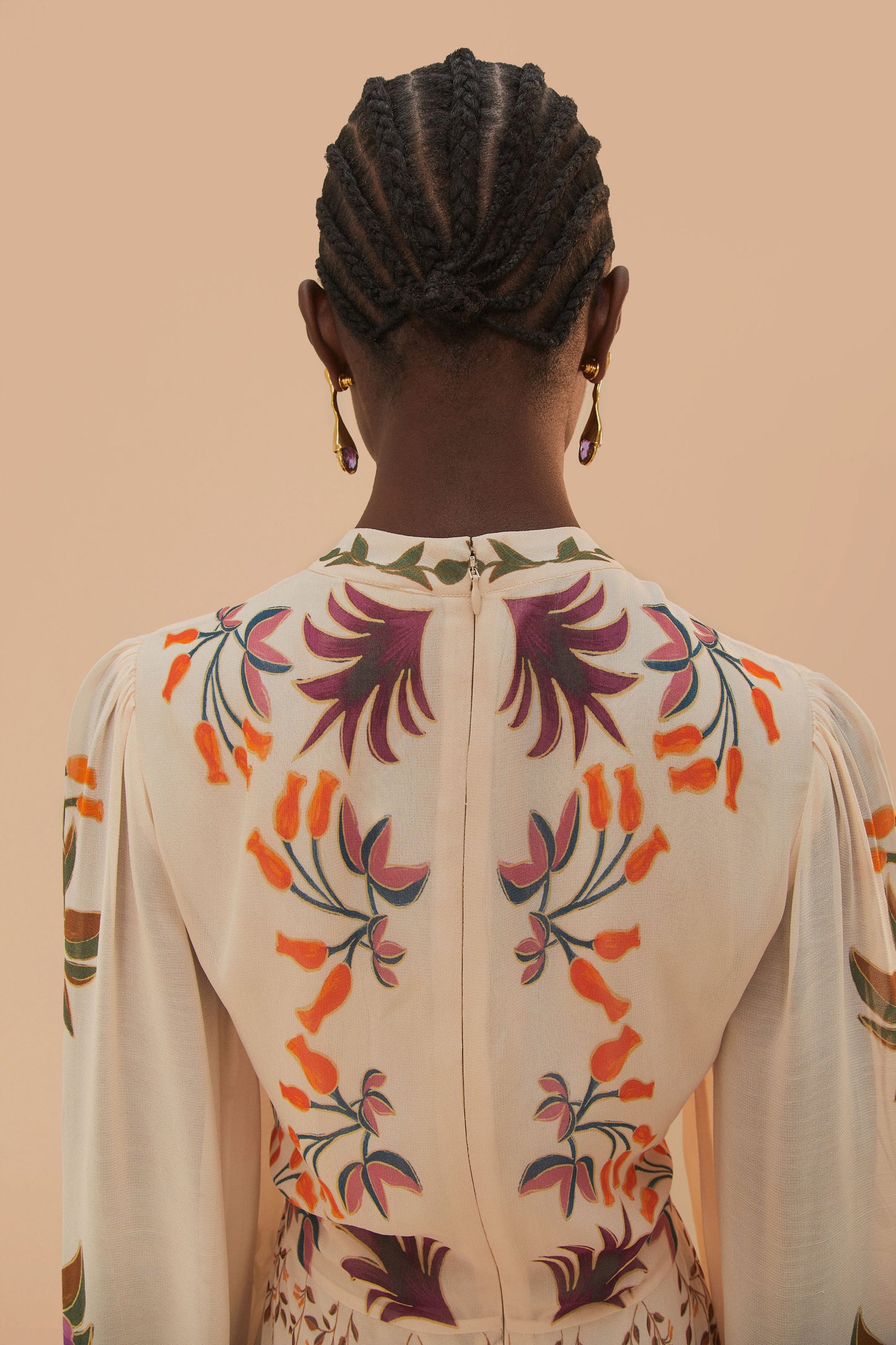 FARM Rio model wearing the Cream Winter Garden Ruffle Maxi Dress