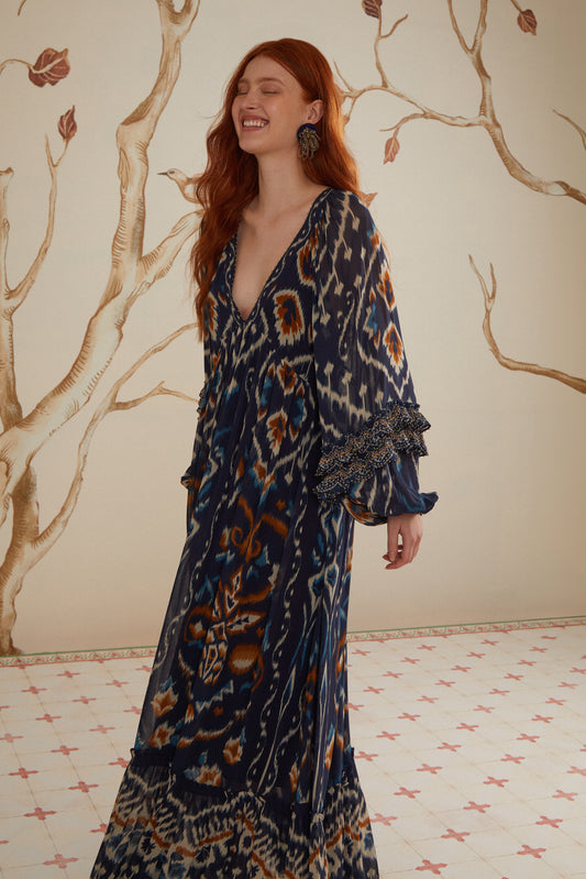 Pineaple Ikat Blue Maxi Dress