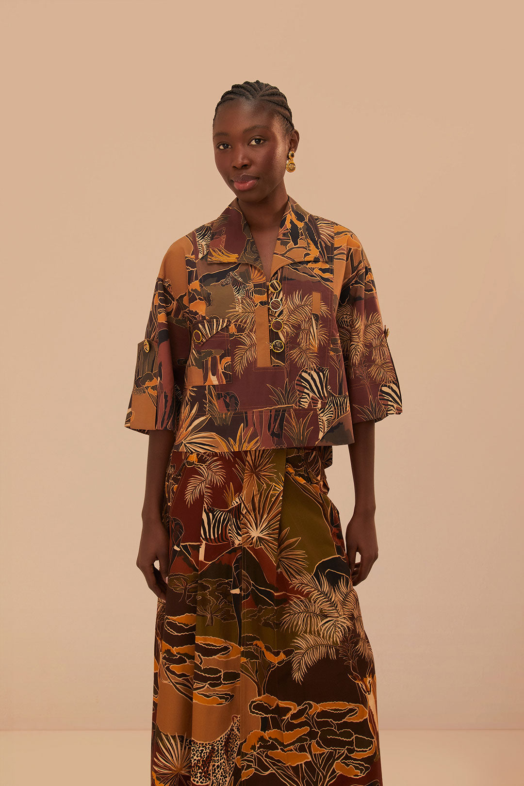 FARM Rio model wearing the Savana Dream Caramel Utility Blouse