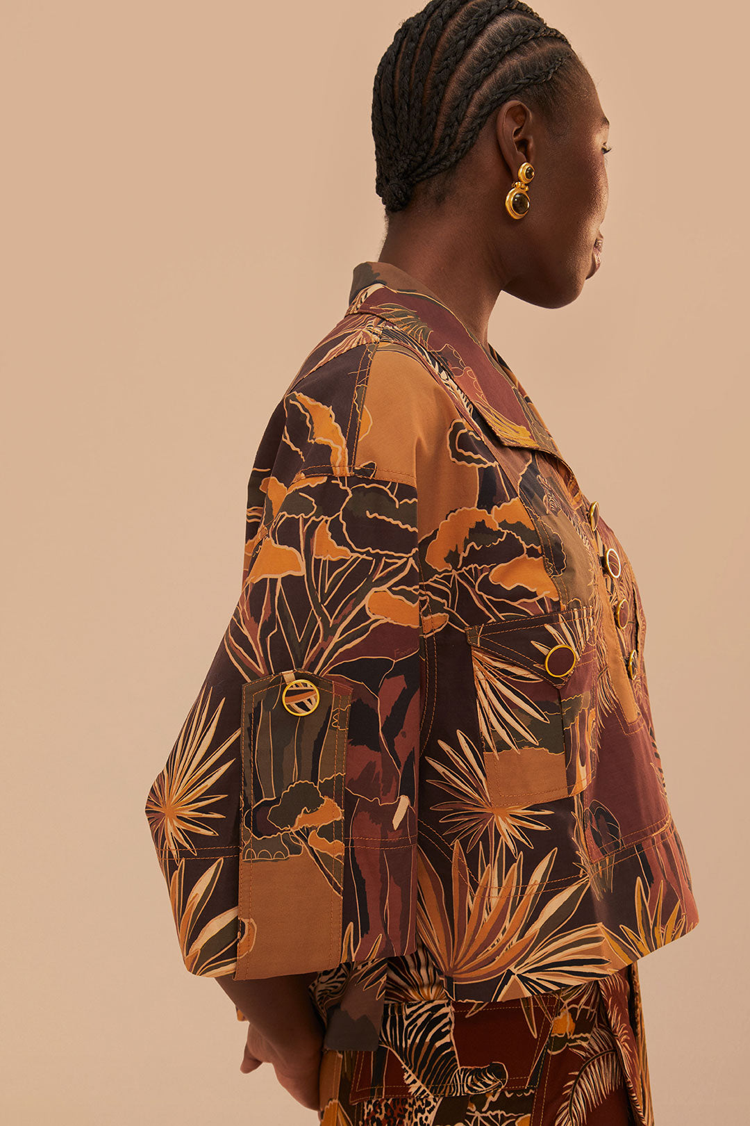 FARM Rio model wearing the Savana Dream Caramel Utility Blouse