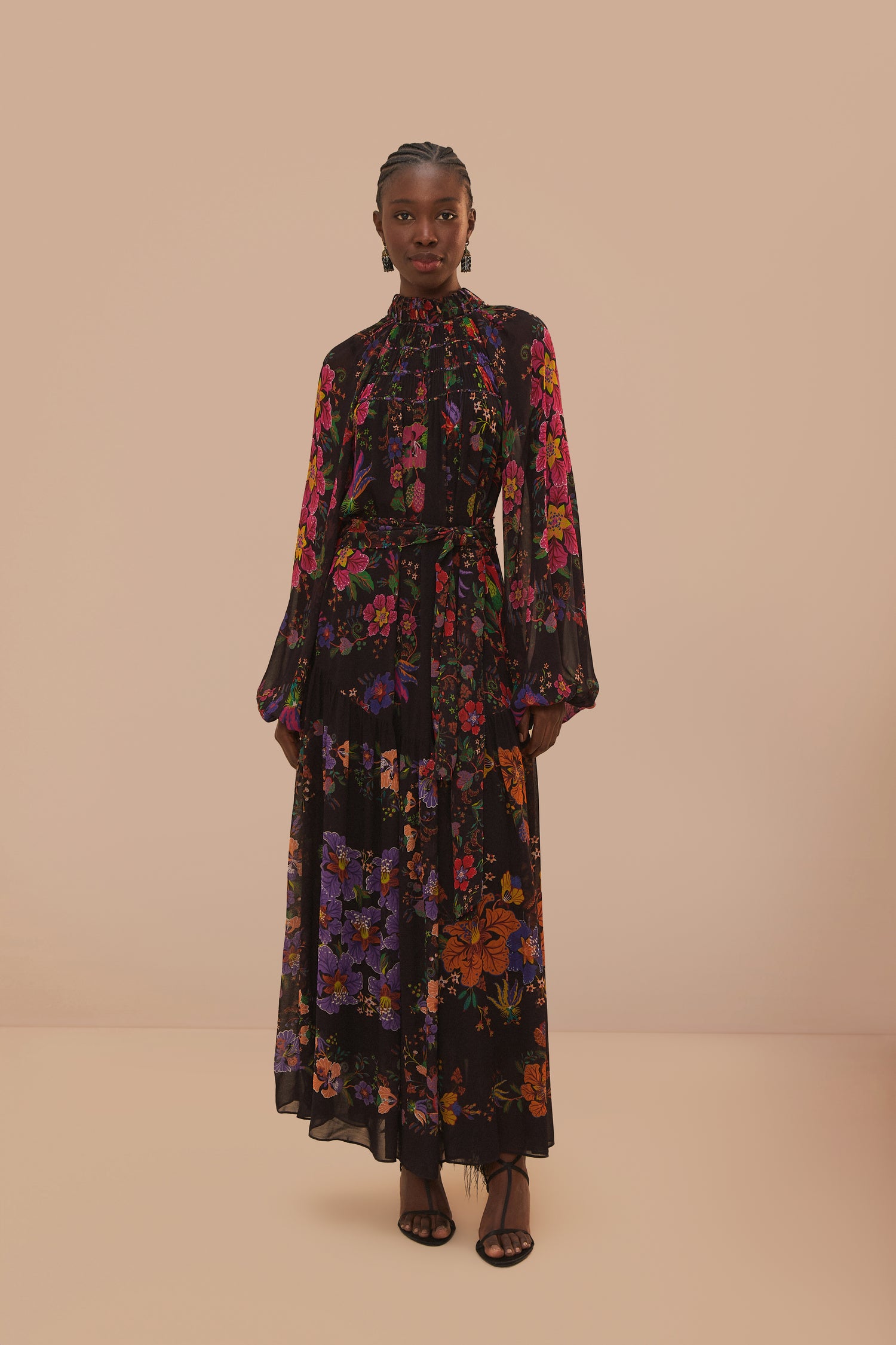 FARM Rio model wearing the Floral Scarves Black High Neck Maxi Dress