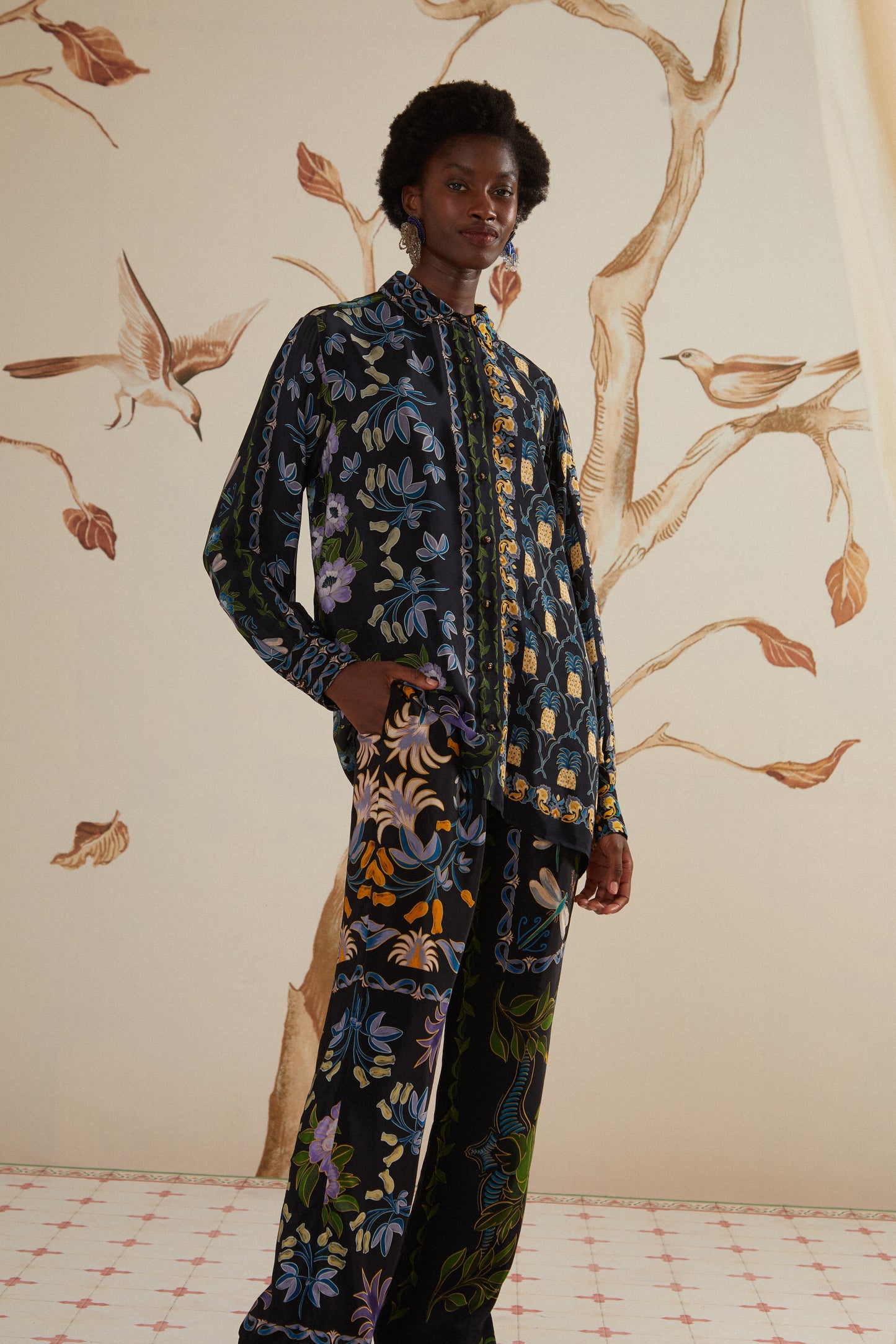 FARM Rio model wearing the Winter Garden Black Pajama Pants