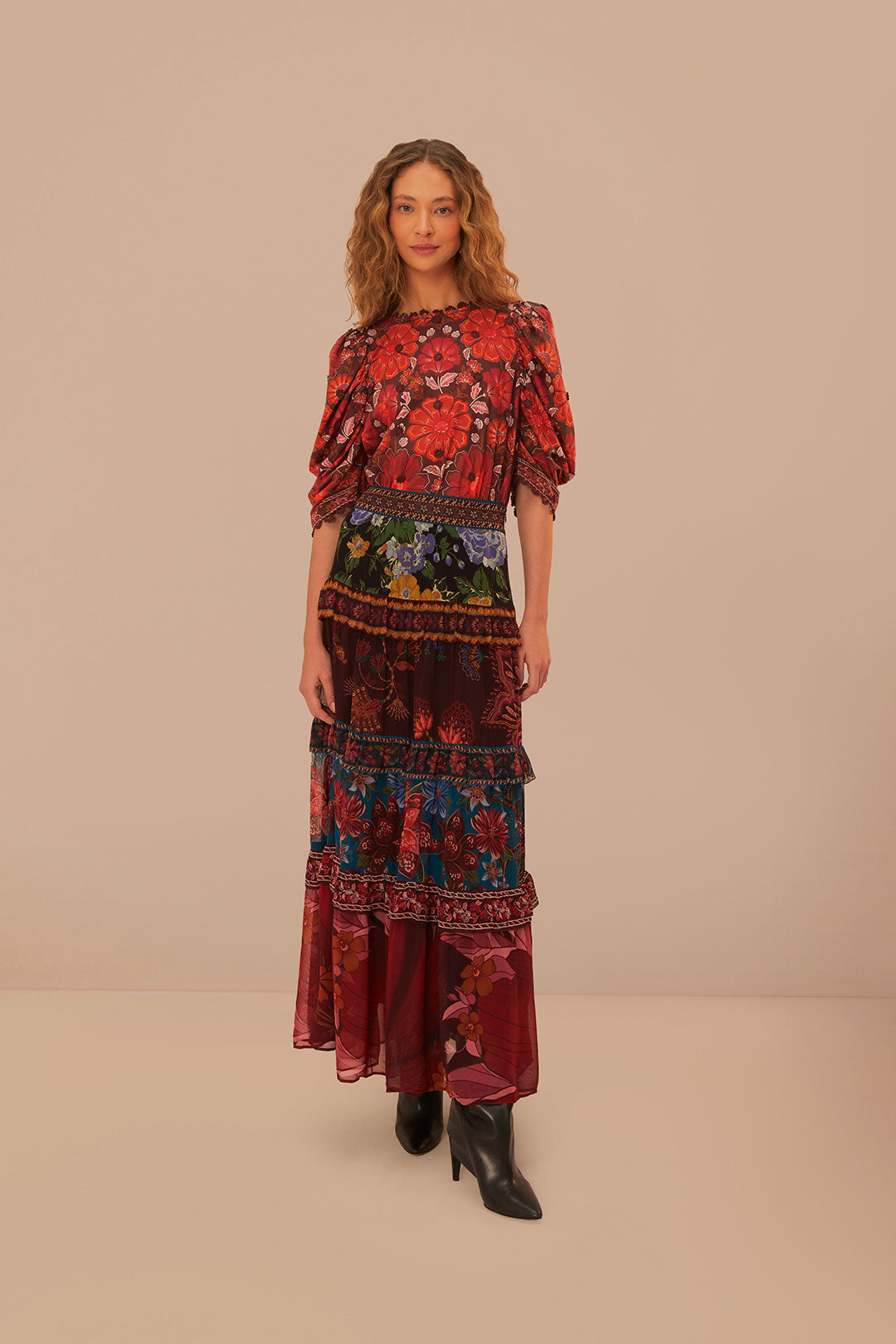 FARM Rio model wearing the Floral Mix Ruffle Maxi Skirt
