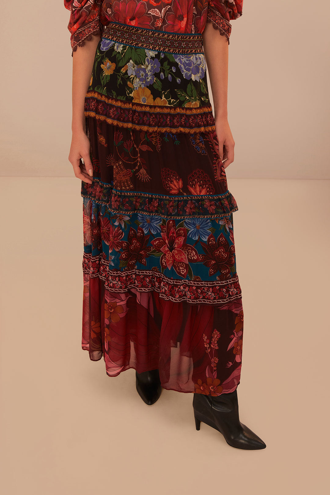 FARM Rio model wearing the Floral Mix Ruffle Maxi Skirt