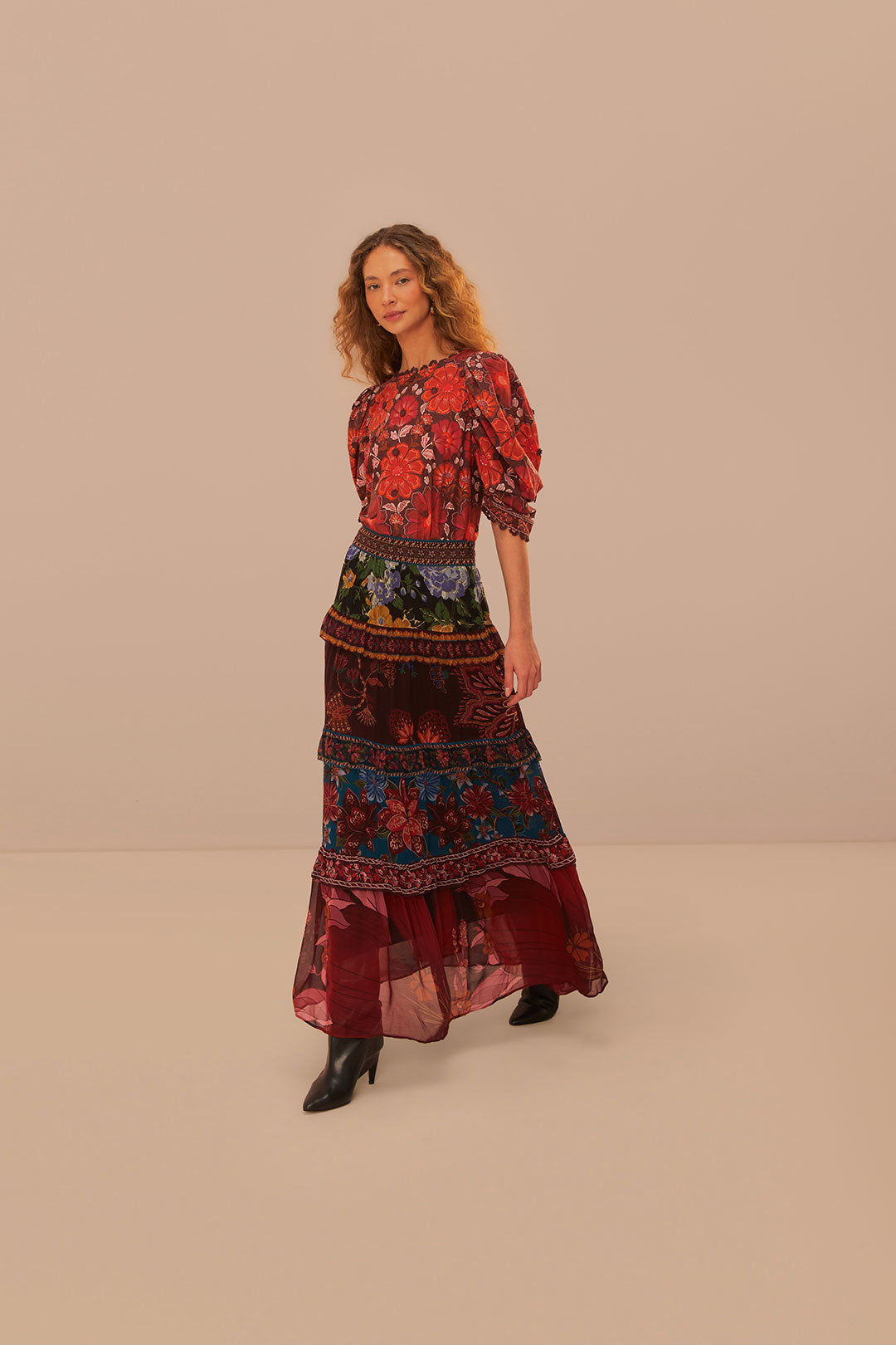 FARM Rio model wearing the Floral Mix Ruffle Maxi Skirt