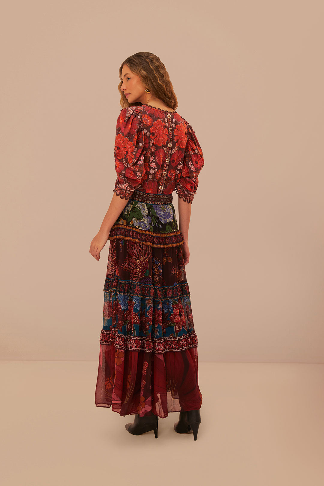 FARM Rio model wearing the Floral Mix Ruffle Maxi Skirt