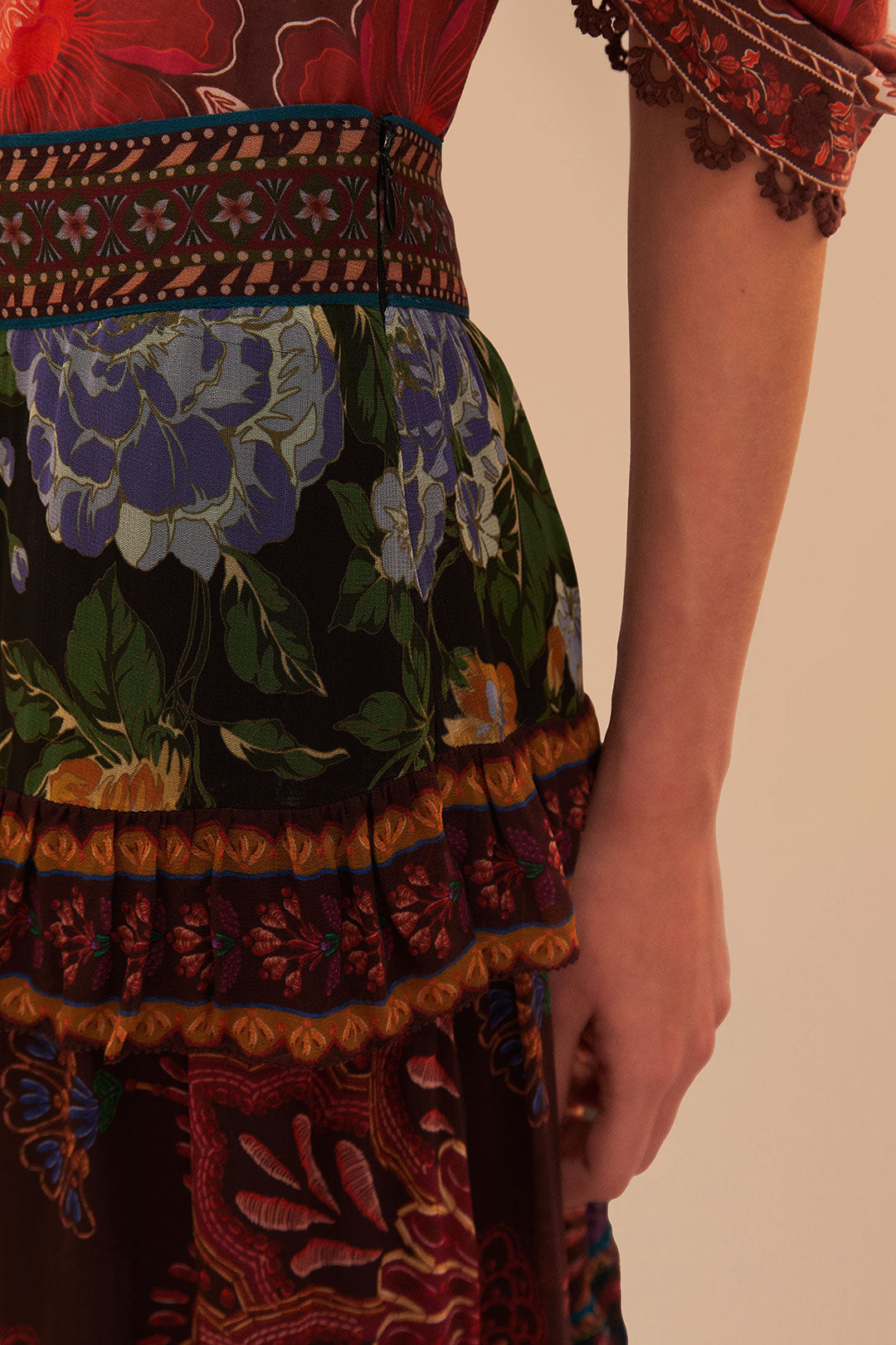 FARM Rio model wearing the Floral Mix Ruffle Maxi Skirt