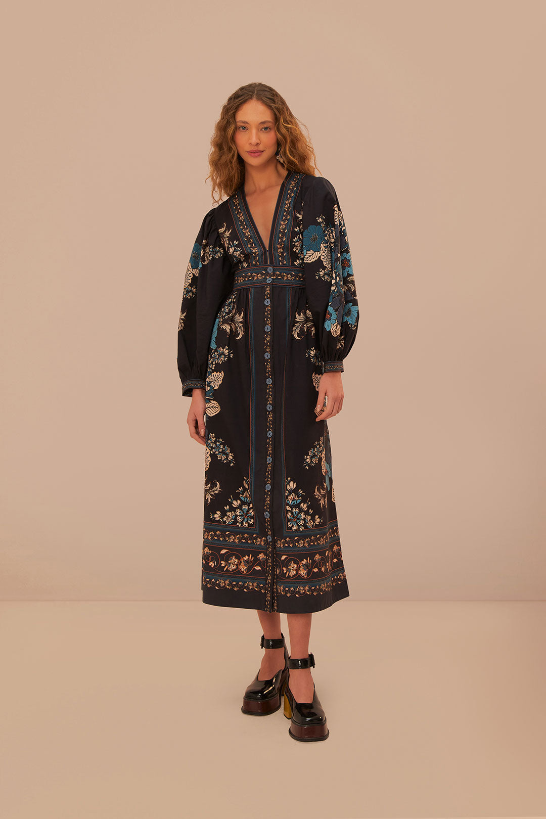 FARM Rio model wearing the Blossom Tapestry Black Midi Dress