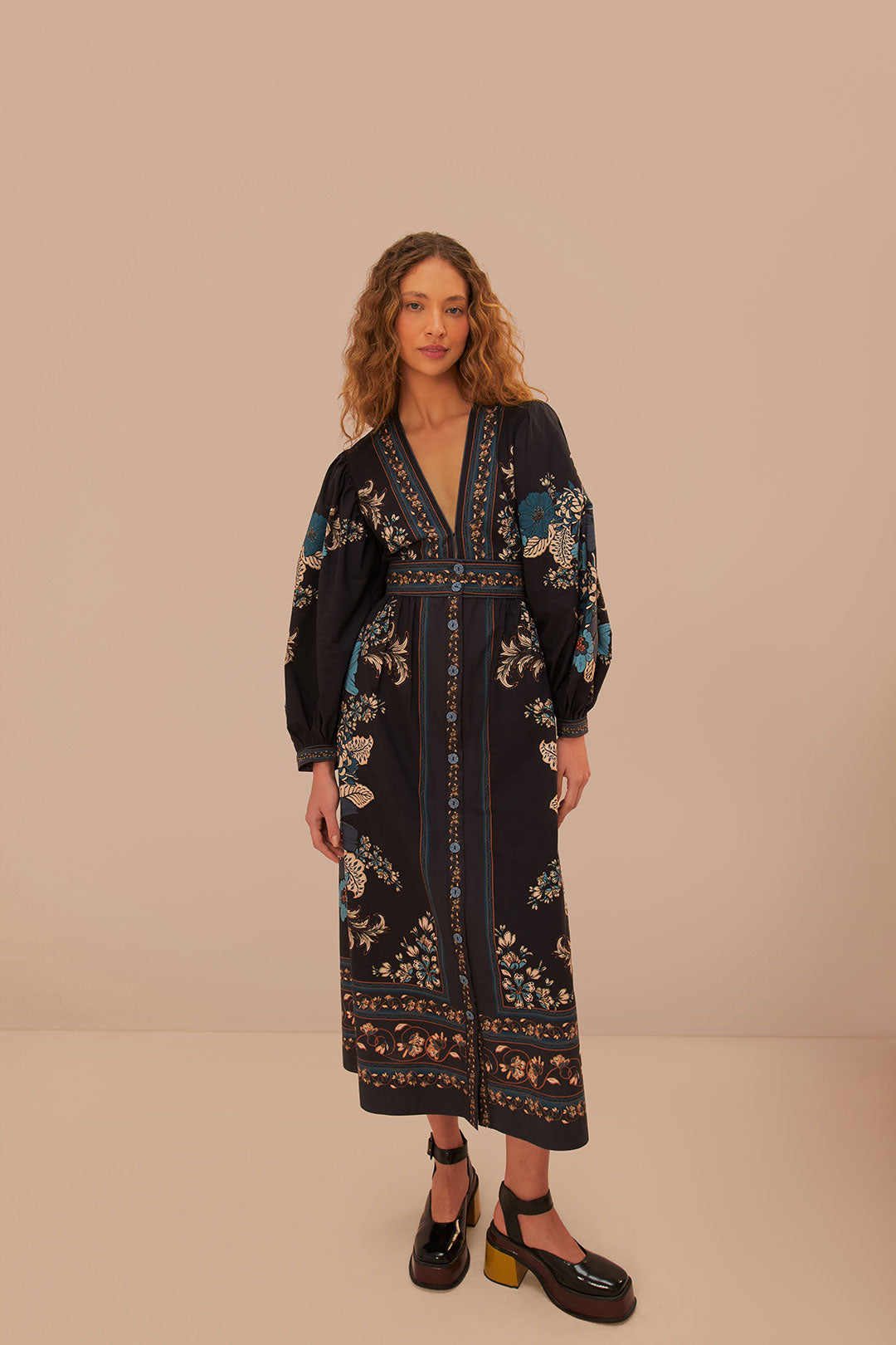 FARM Rio model wearing the Blossom Tapestry Black Midi Dress
