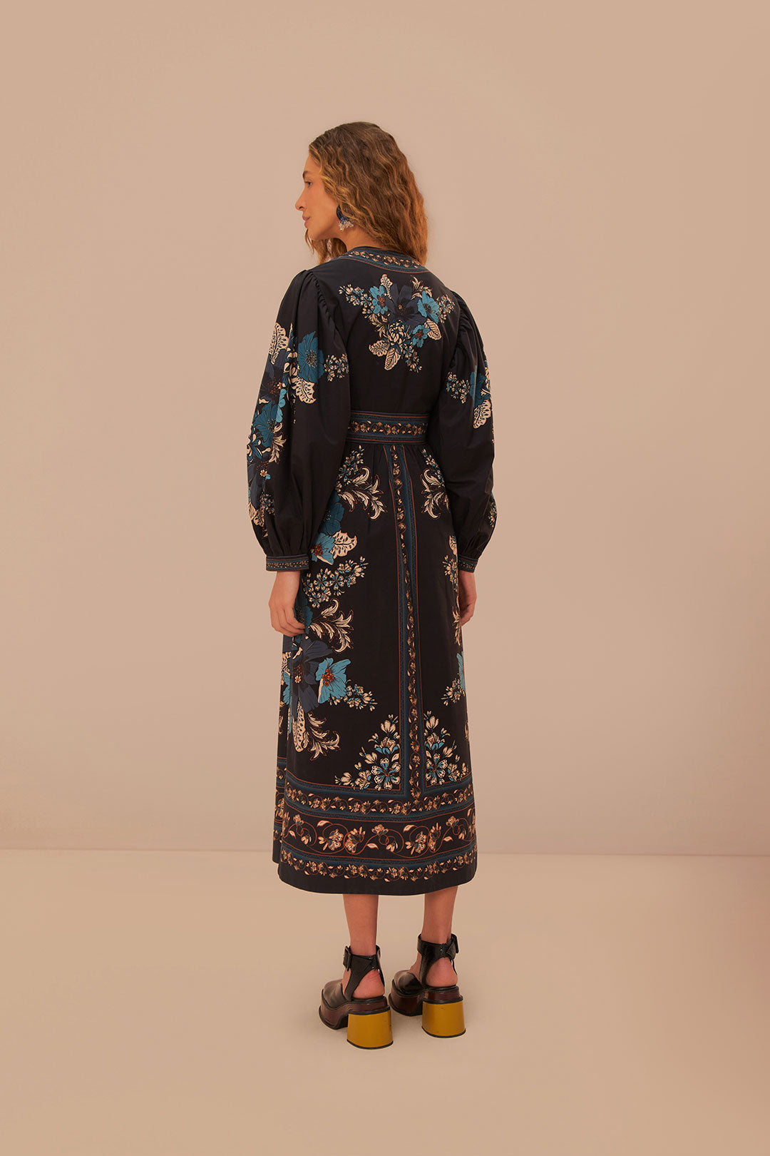 FARM Rio model wearing the Blossom Tapestry Black Midi Dress
