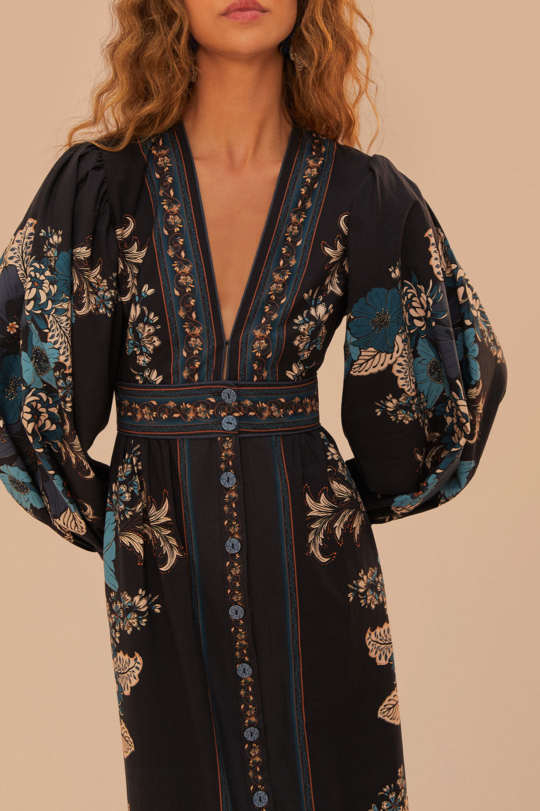 FARM Rio model wearing the Blossom Tapestry Black Midi Dress