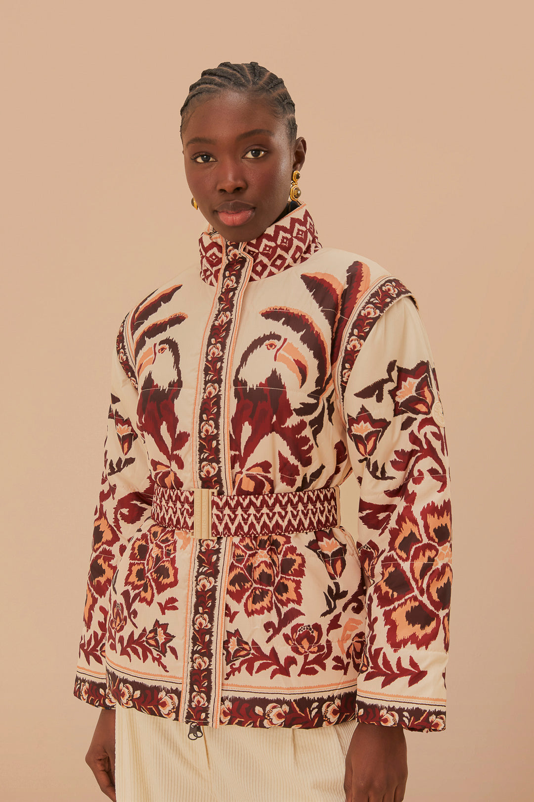 FARM Rio model wearing the Toucans Scarf Reversible Puffer Jacket