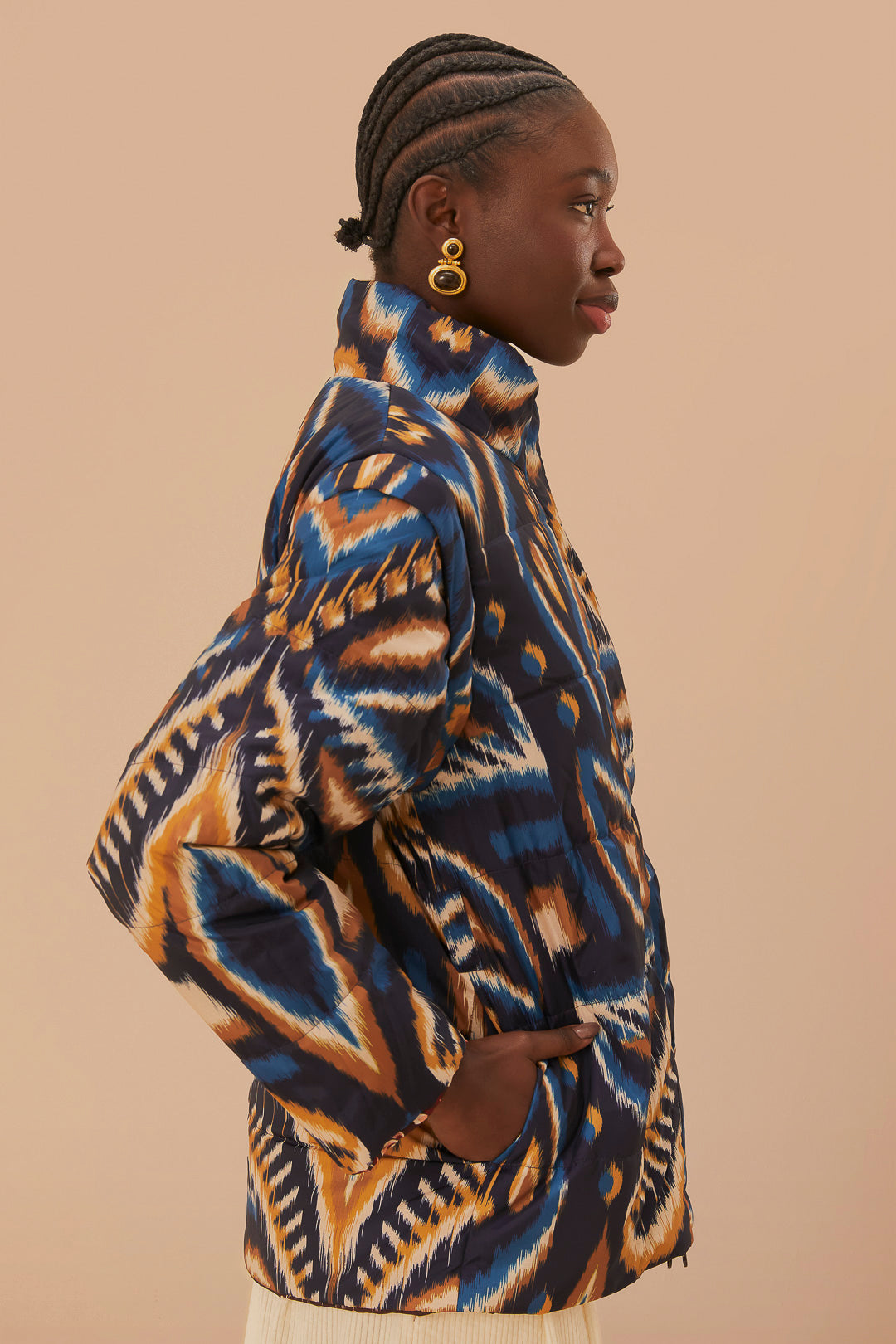 FARM Rio model wearing the Toucans Scarf Reversible Puffer Jacket