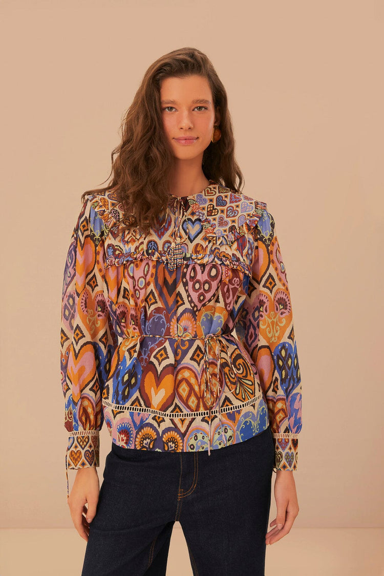 FARM Rio model wearing the Cream Hearts Ikat Blouse